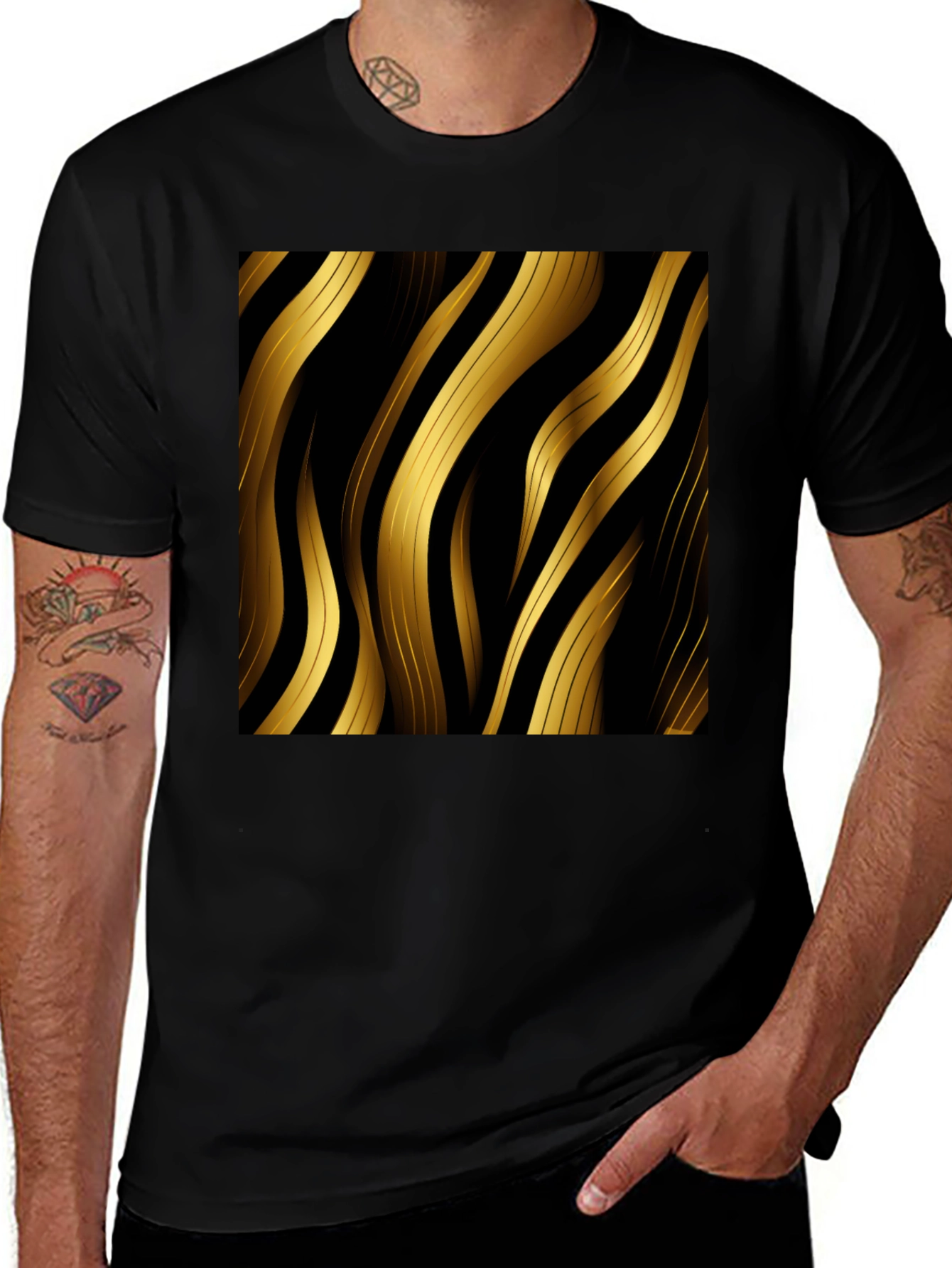 Variant 5 of Luxury Gold Wave Print Black T-Shirt