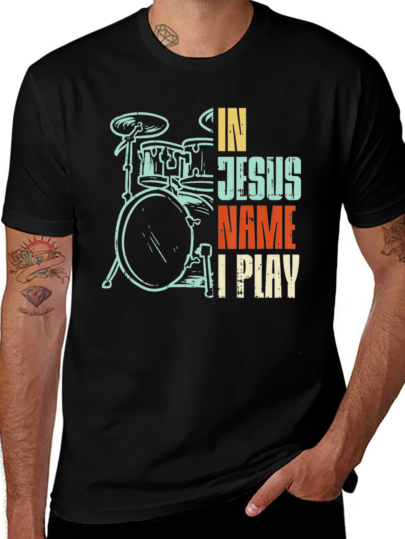 Variant 23 of In Jesus Name I Play Drummer T-Shirt