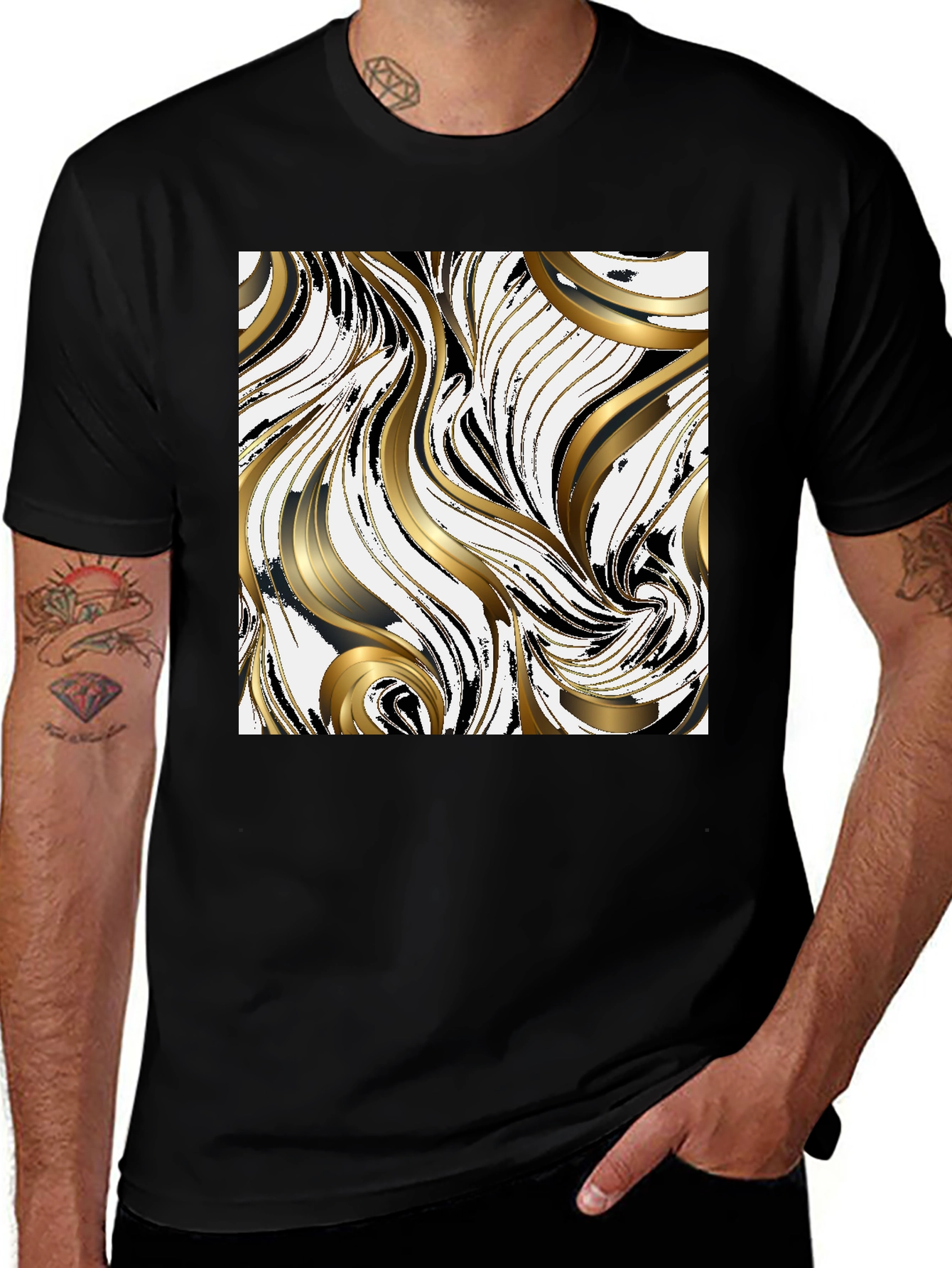 Variant 8 of Stylish Black T-Shirt with Abstract Gold Swirl Design
