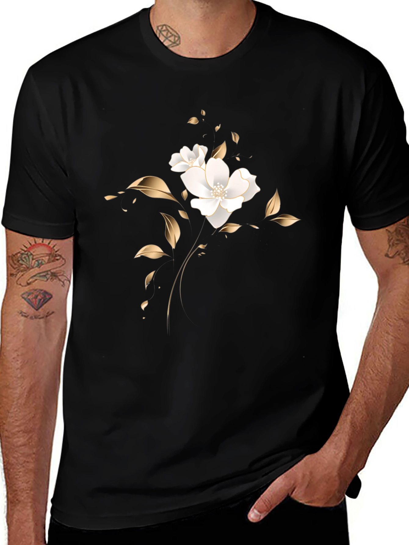 Elegant Black T-Shirt with Floral Design