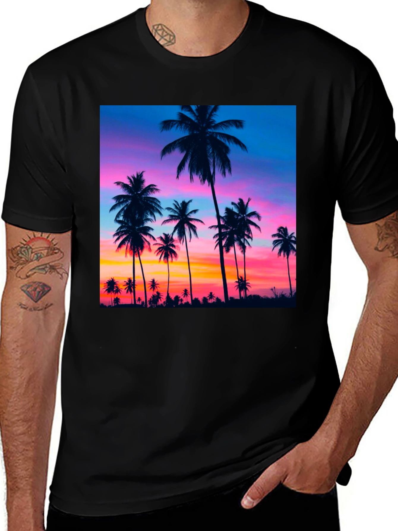 Variant 20 of Sunset Palm Tree Graphic Black T-Shirt