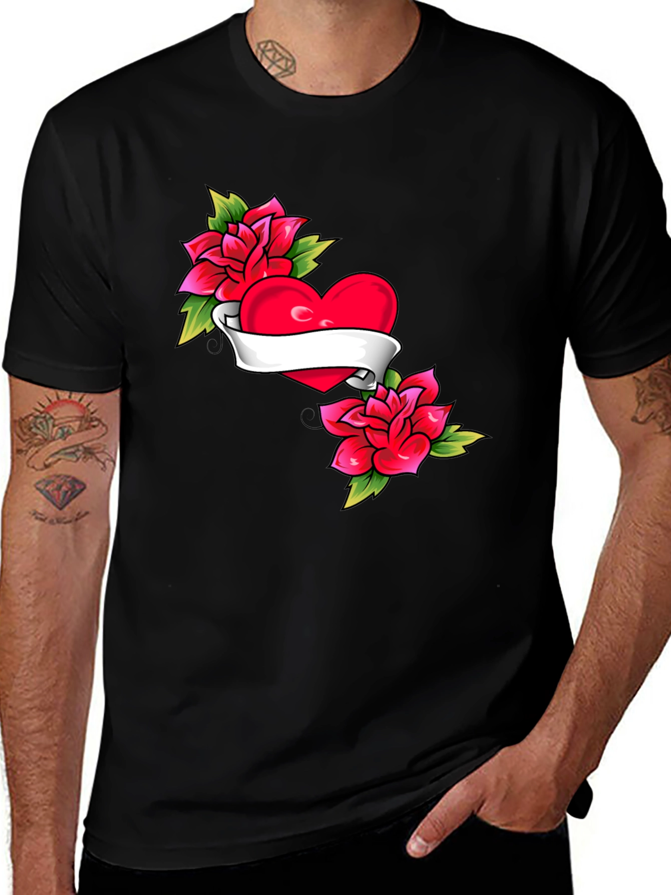Variant 12 of Heart & Roses Tattoo Style Black T-Shirt