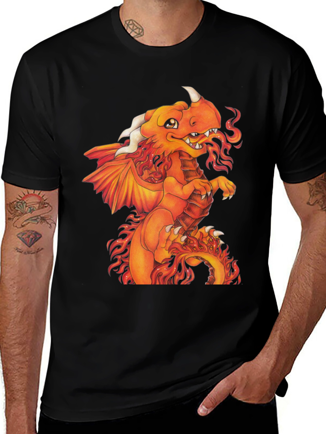 Fiery Dragon Graphic Tee - Black Cotton Shirt
