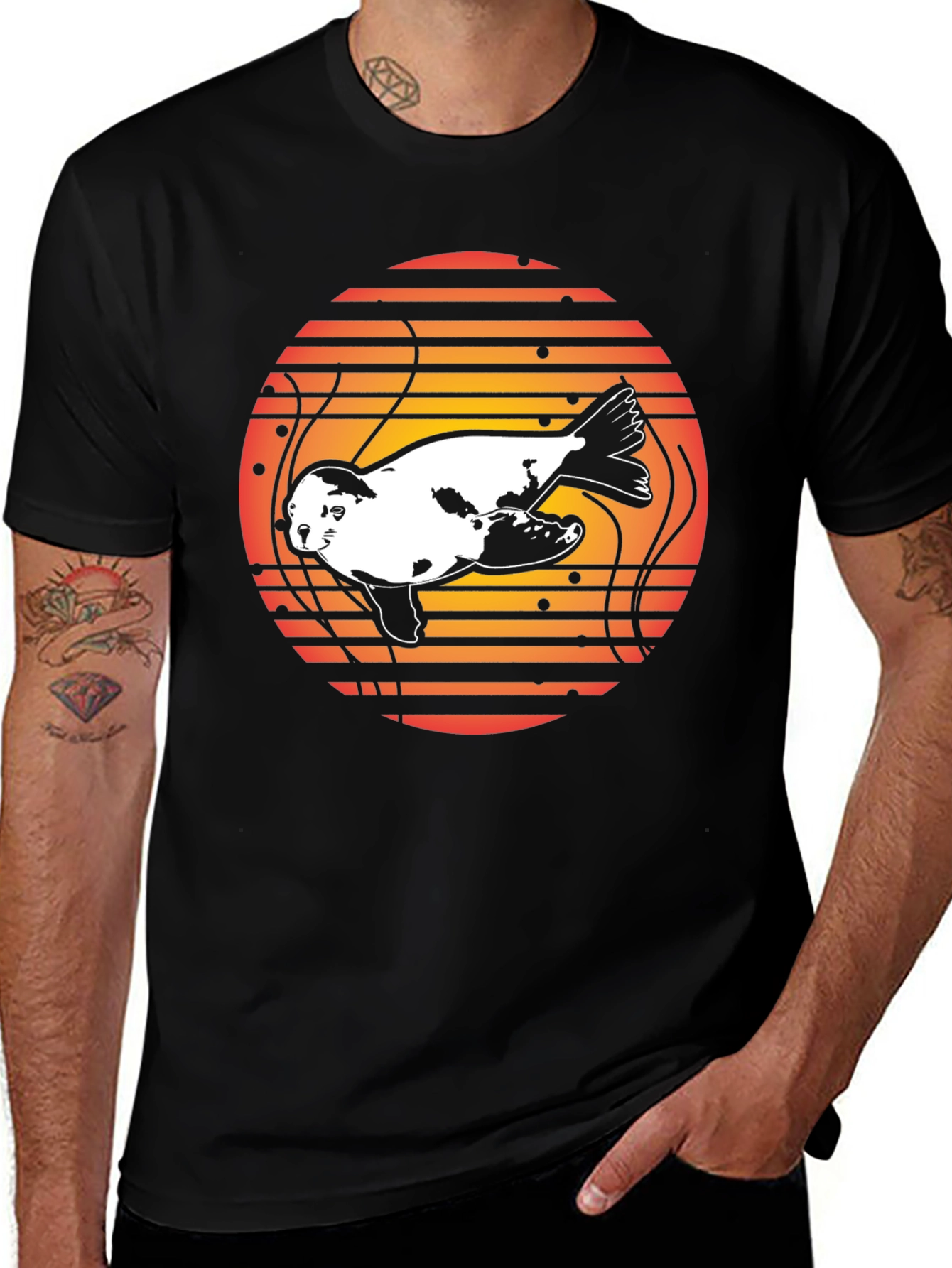 Variant 10 of Retro Seal Sunset Graphic Tee - Black Cotton Blend