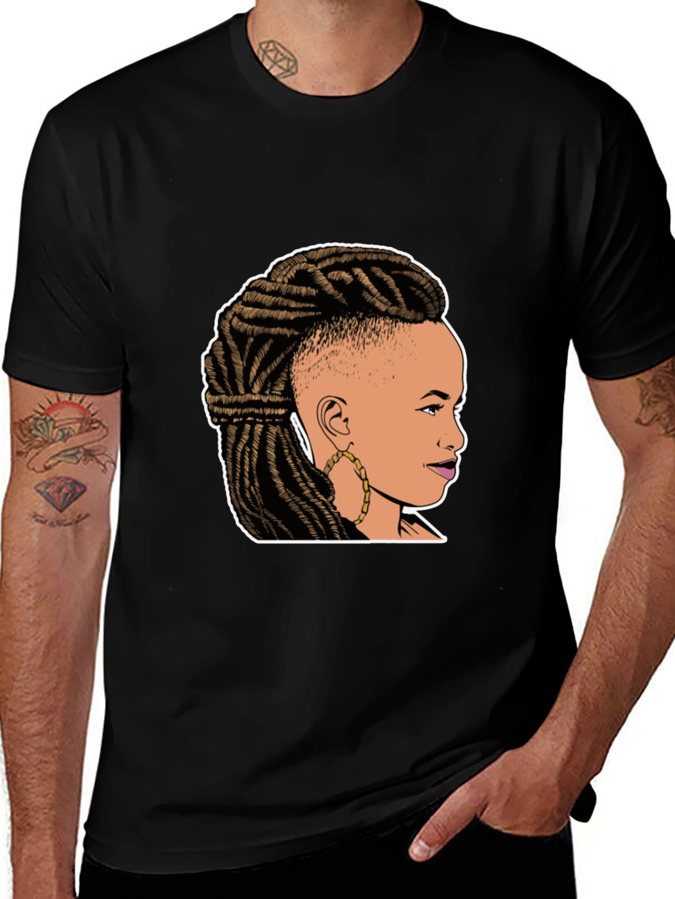 Variant 5 of Graphic Tee: Woman with Braids on Black T-Shirt