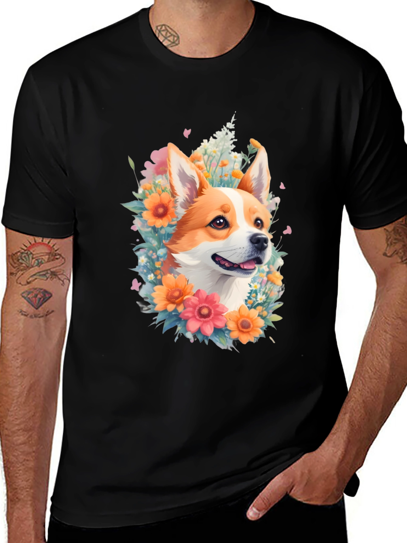 Variant 6 of Corgi Floral Crown Black T-Shirt