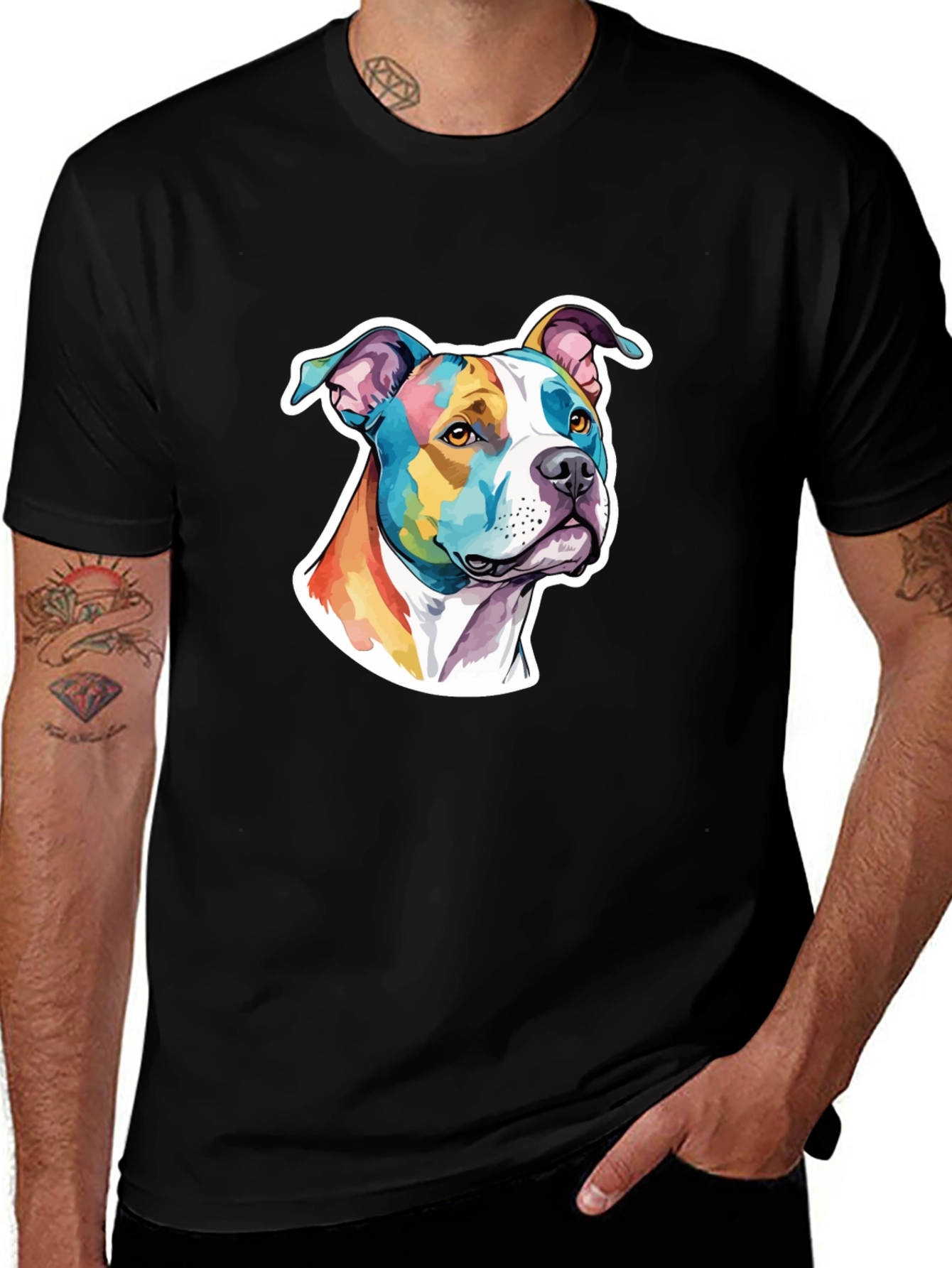 Variant 12 of Colorful Pitbull Dog Graphic Black T-Shirt