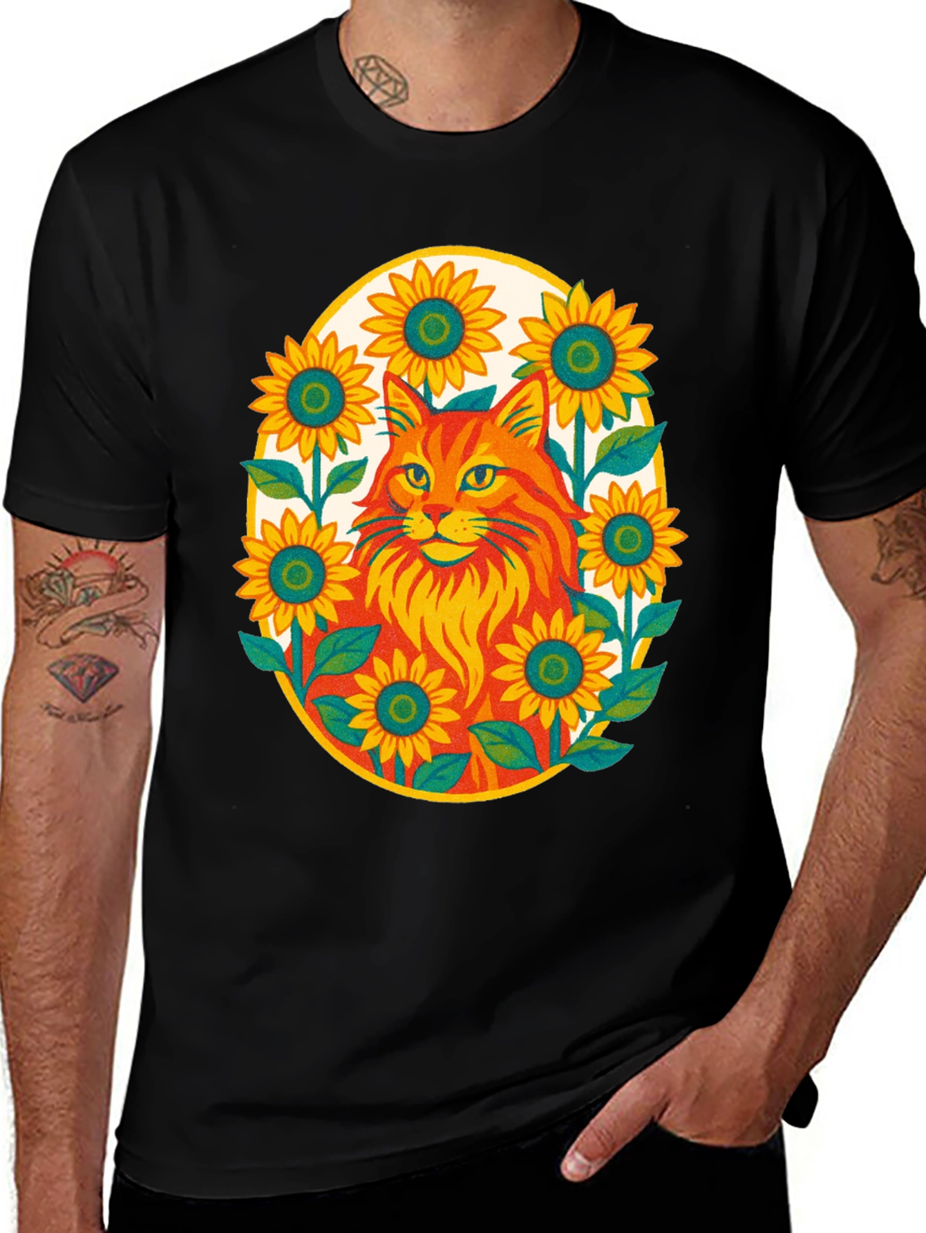 Variant 9 of Cat & Sunflower Graphic Tee - Comfort Fit