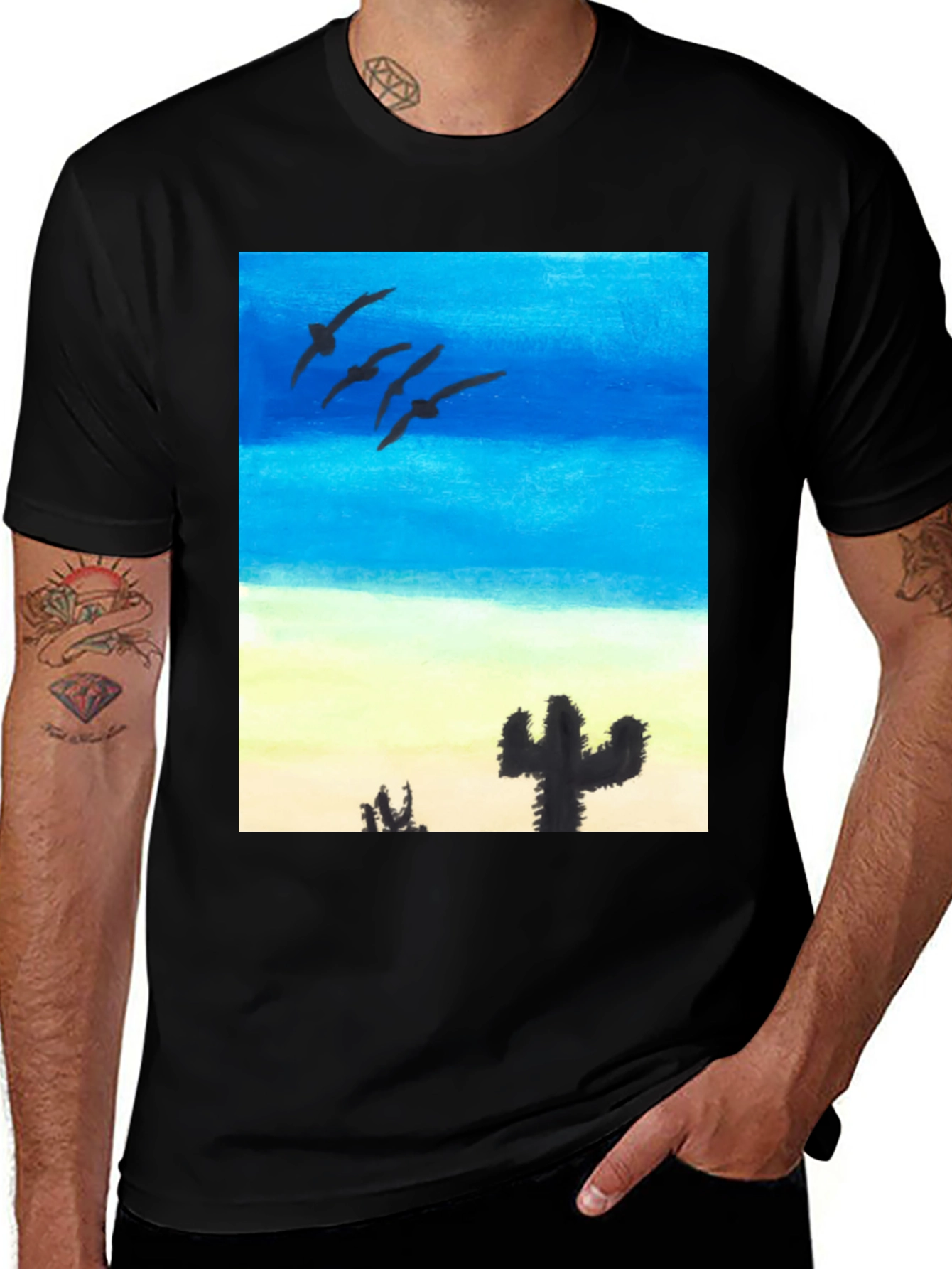Variant 15 of Desert Sunset T-Shirt, Birds Flying over Cactus