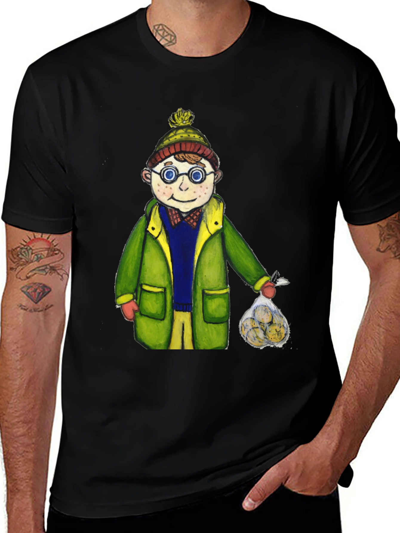 Variant 15 of Fun Cartoon Boy in Winter Gear Black T-Shirt