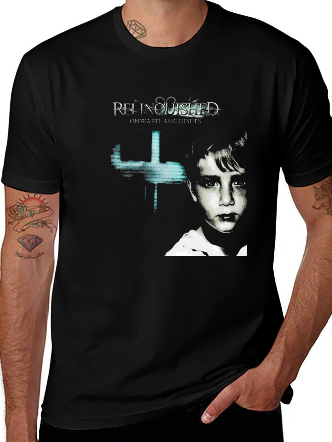 Variant 8 of Relinquished Black Graphic T-Shirt - Onward Anguishes Album Art