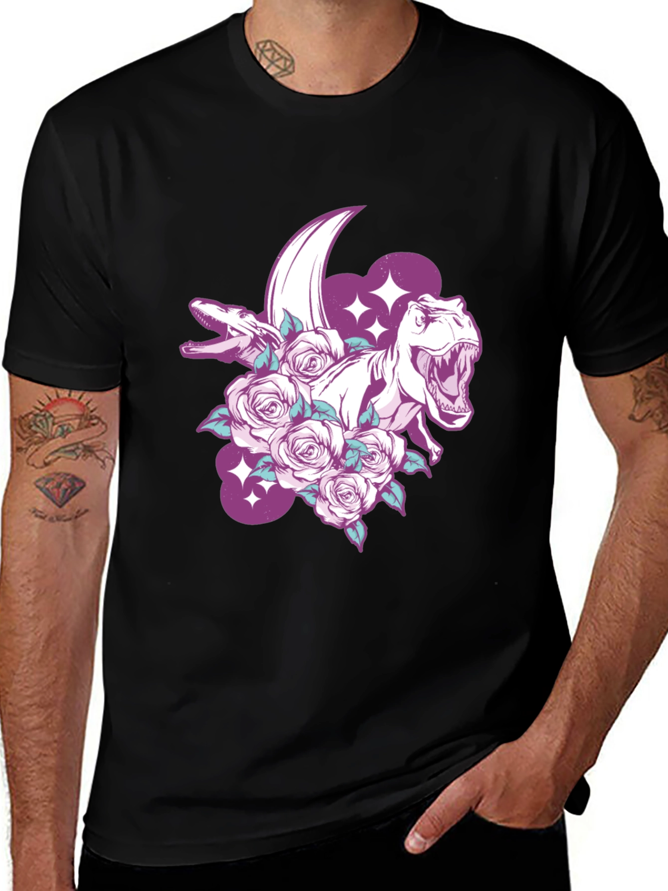 Variant 30 of Dinosaur & Roses Graphic Print Black T-Shirt