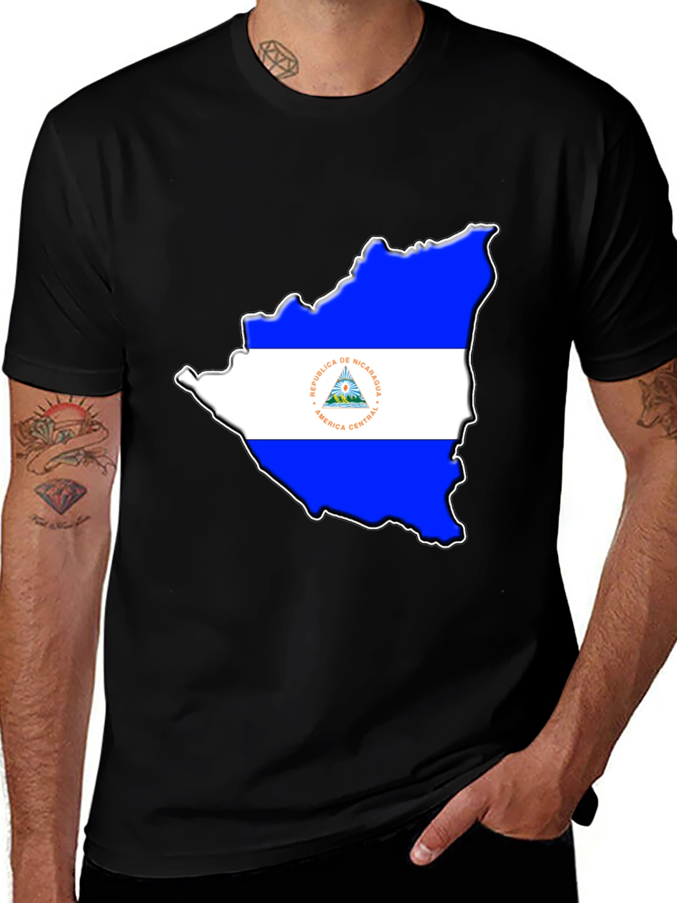 Variant 9 of Nicaragua Flag Map Graphic Tee - Black