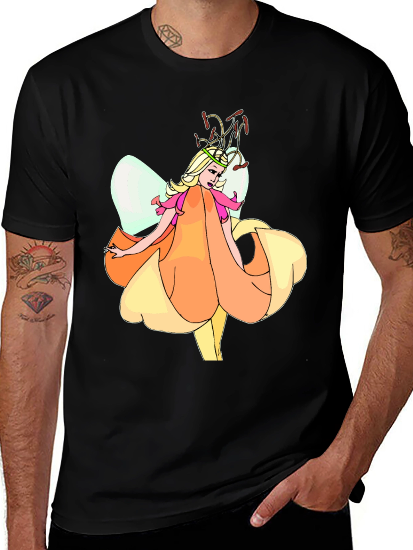 Variant 13 of Fairy Flower Graphic T-Shirt - Black Cotton Tee