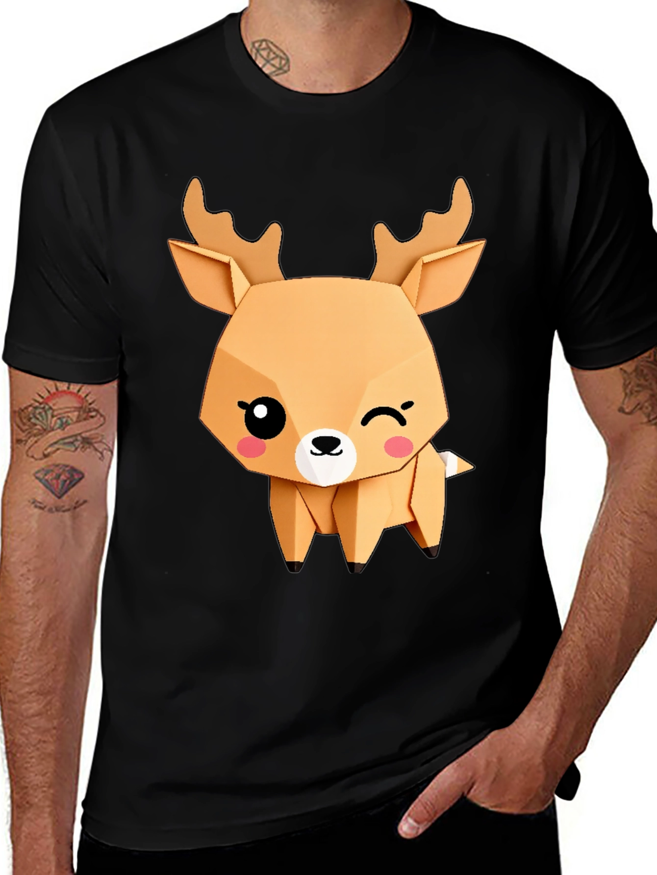 Variant 28 of Cute Origami Deer Graphic Tee - Black Cotton Blend