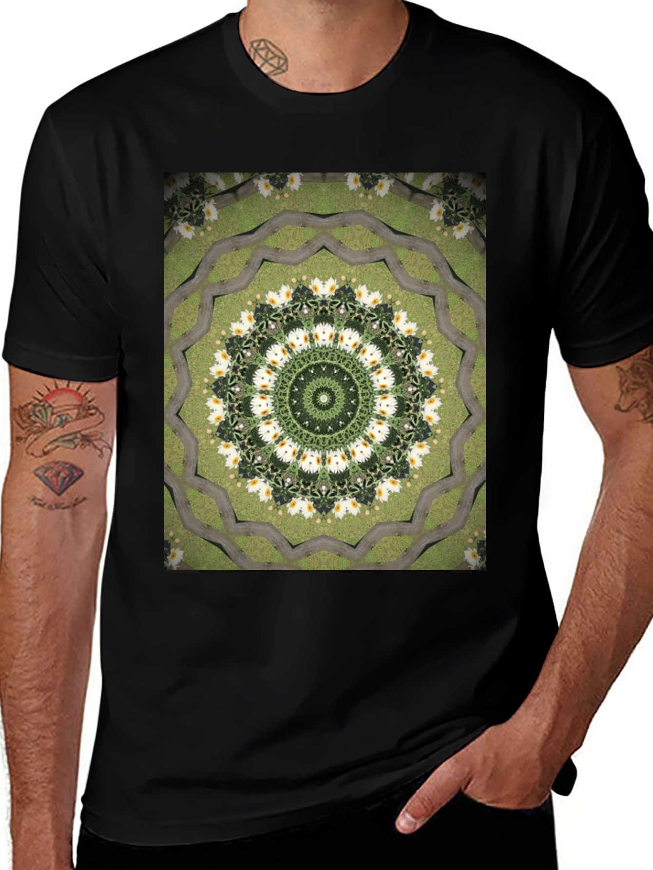 Variant 27 of Floral Kaleidoscope Print Black T-Shirt