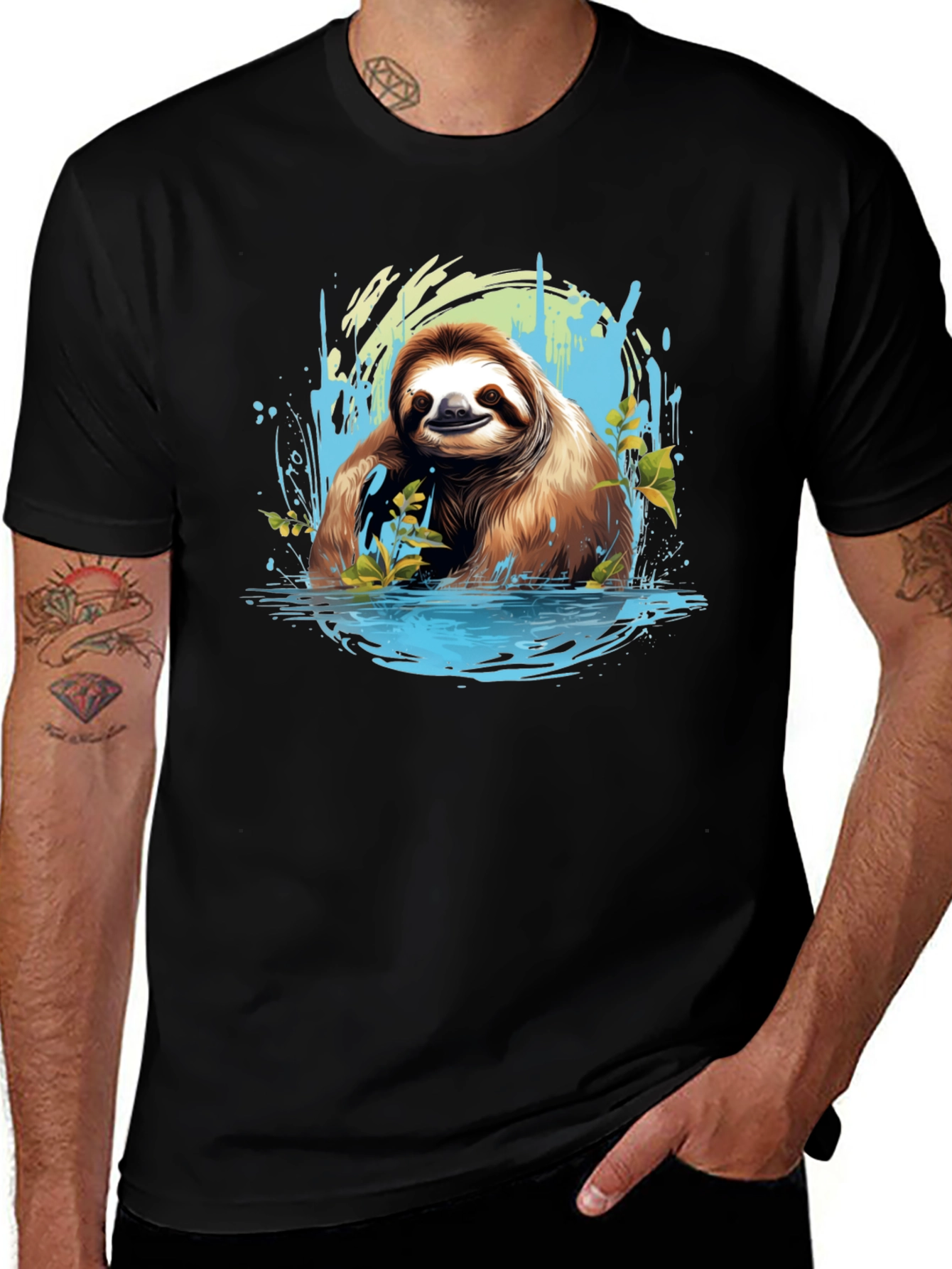 Variant 3 of Sloth in Water Black T-Shirt - Relaxed Wildlife Tee
