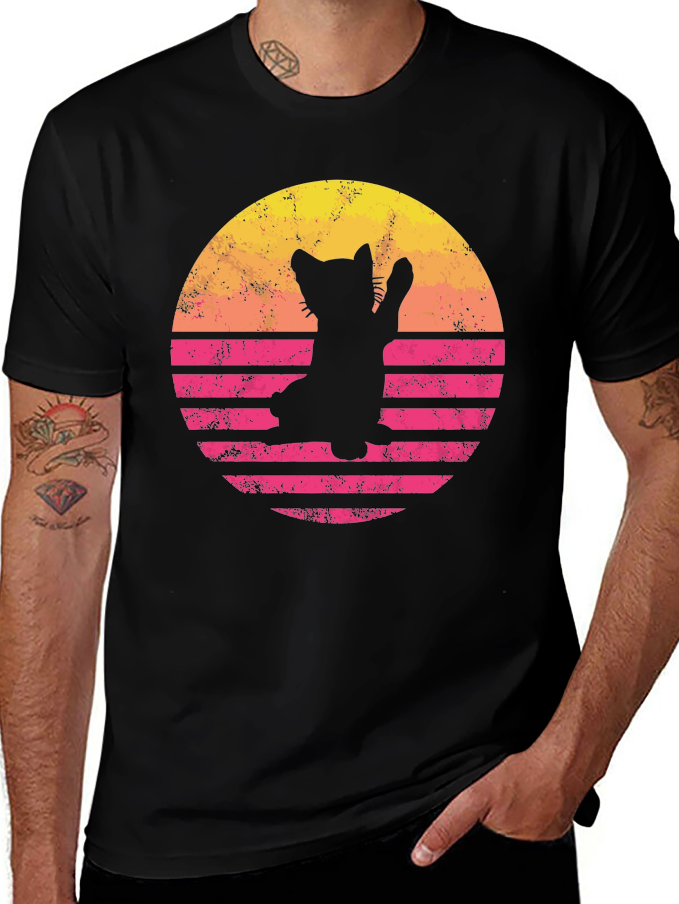Retro Cat Sunset Graphic Tee - Black