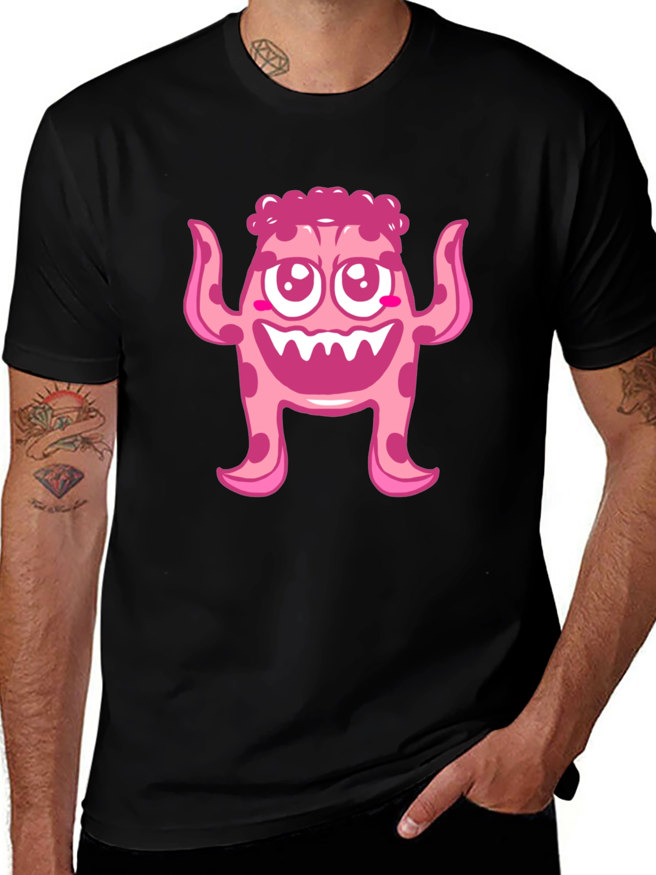 Variant 30 of Cute Pink Monster Graphic Print Black T-Shirt
