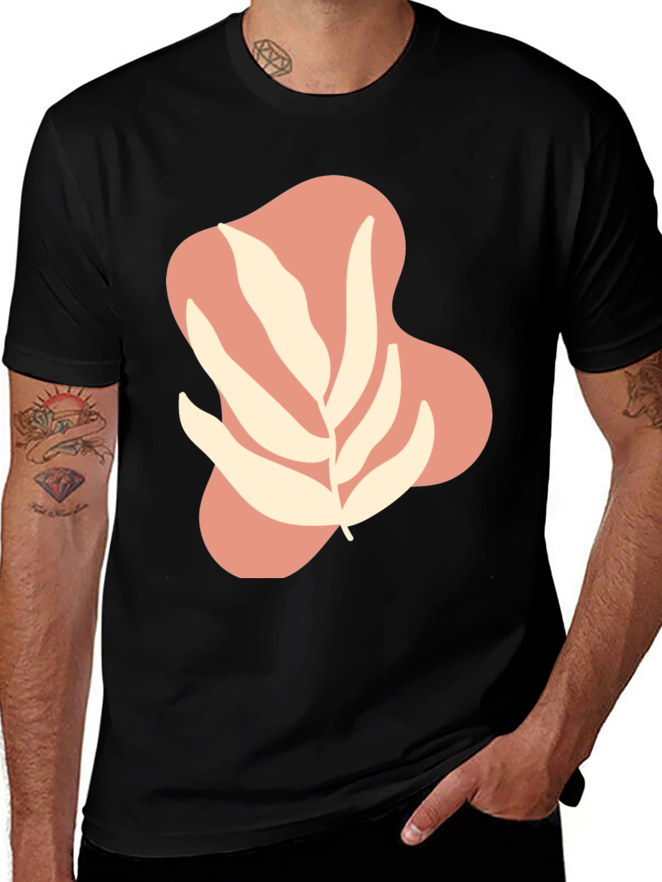 Modern Abstract Leaf Design Black T-Shirt