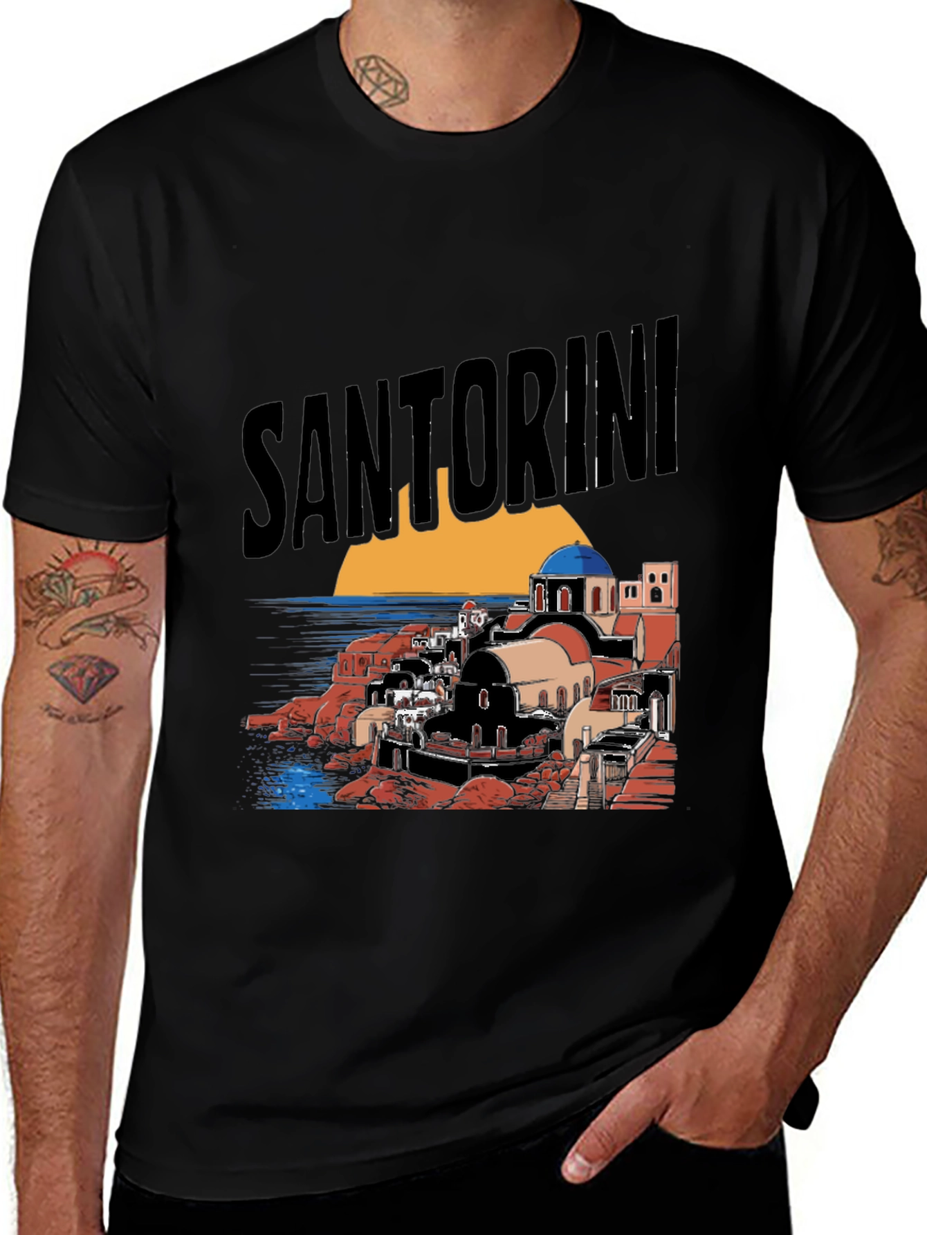 Santorini Graphic Tee - Black Cotton T-Shirt