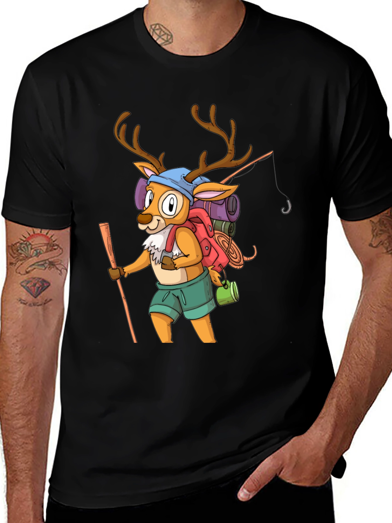 Variant 3 of Hiking Deer Graphic Tee - Black Cotton T-Shirt