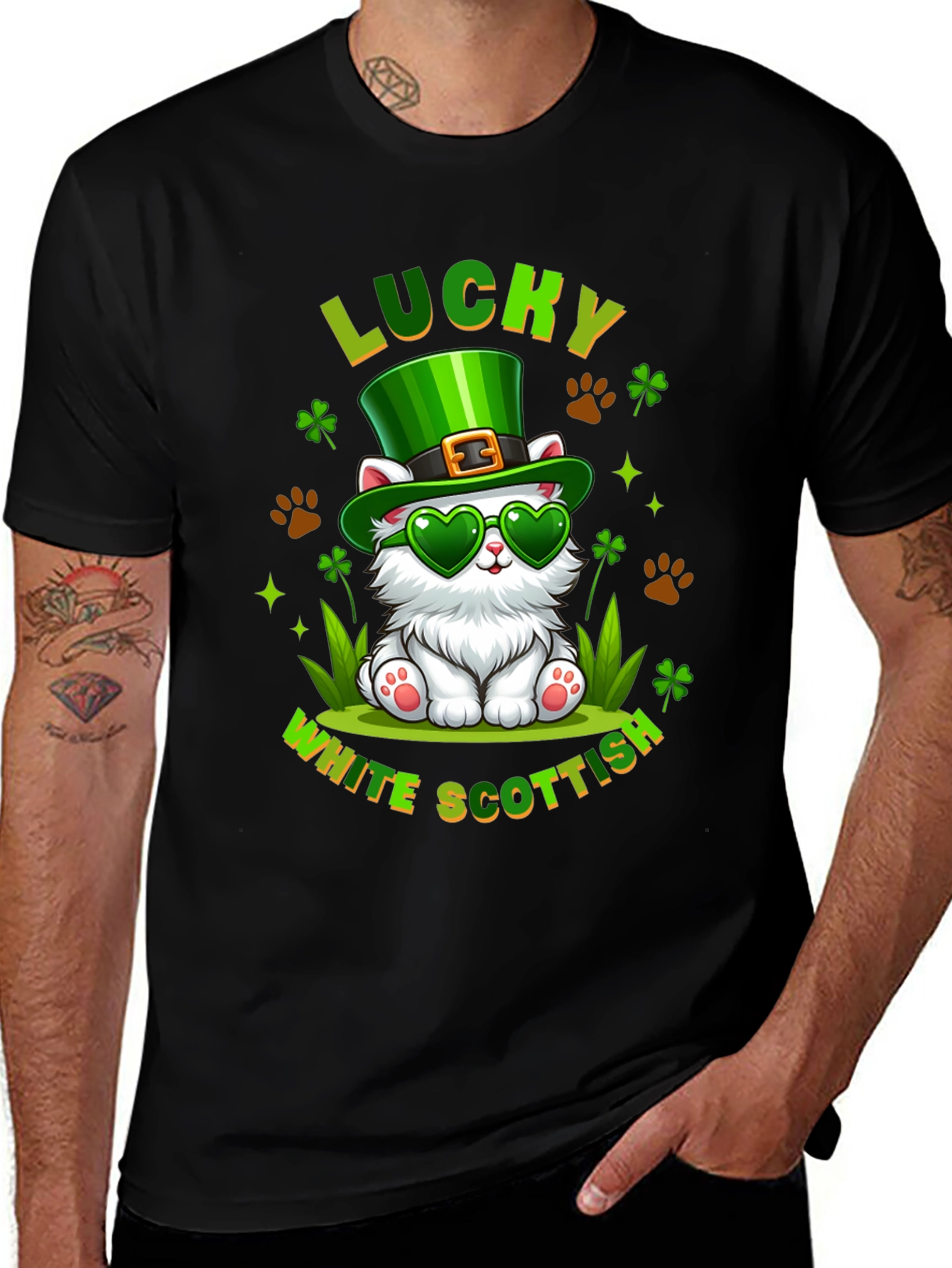 Lucky White Scottish Cat St. Patrick's Day T-Shirt