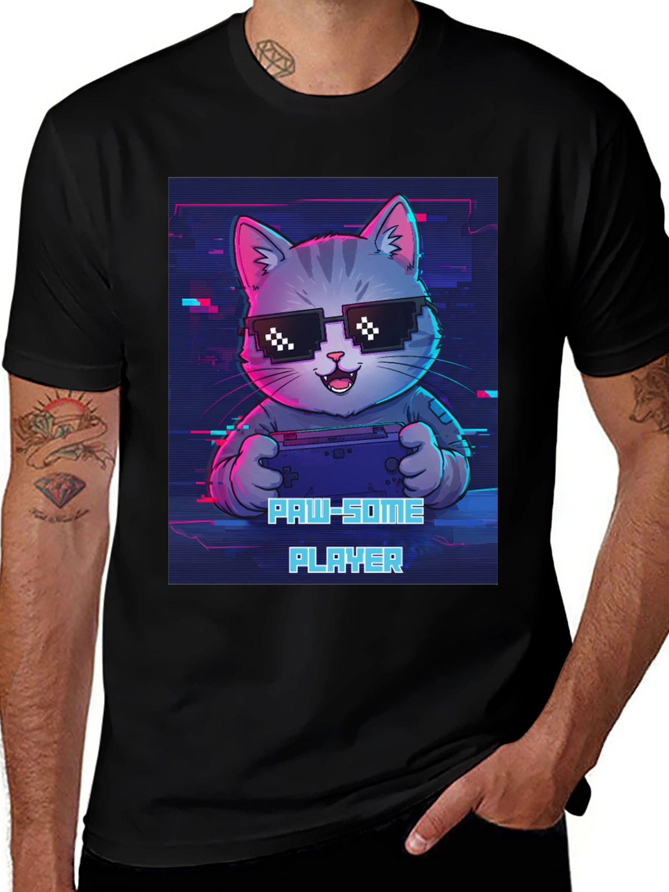Black Gaming Cat Graphic Tee - Paw-some Player T-shirt main image