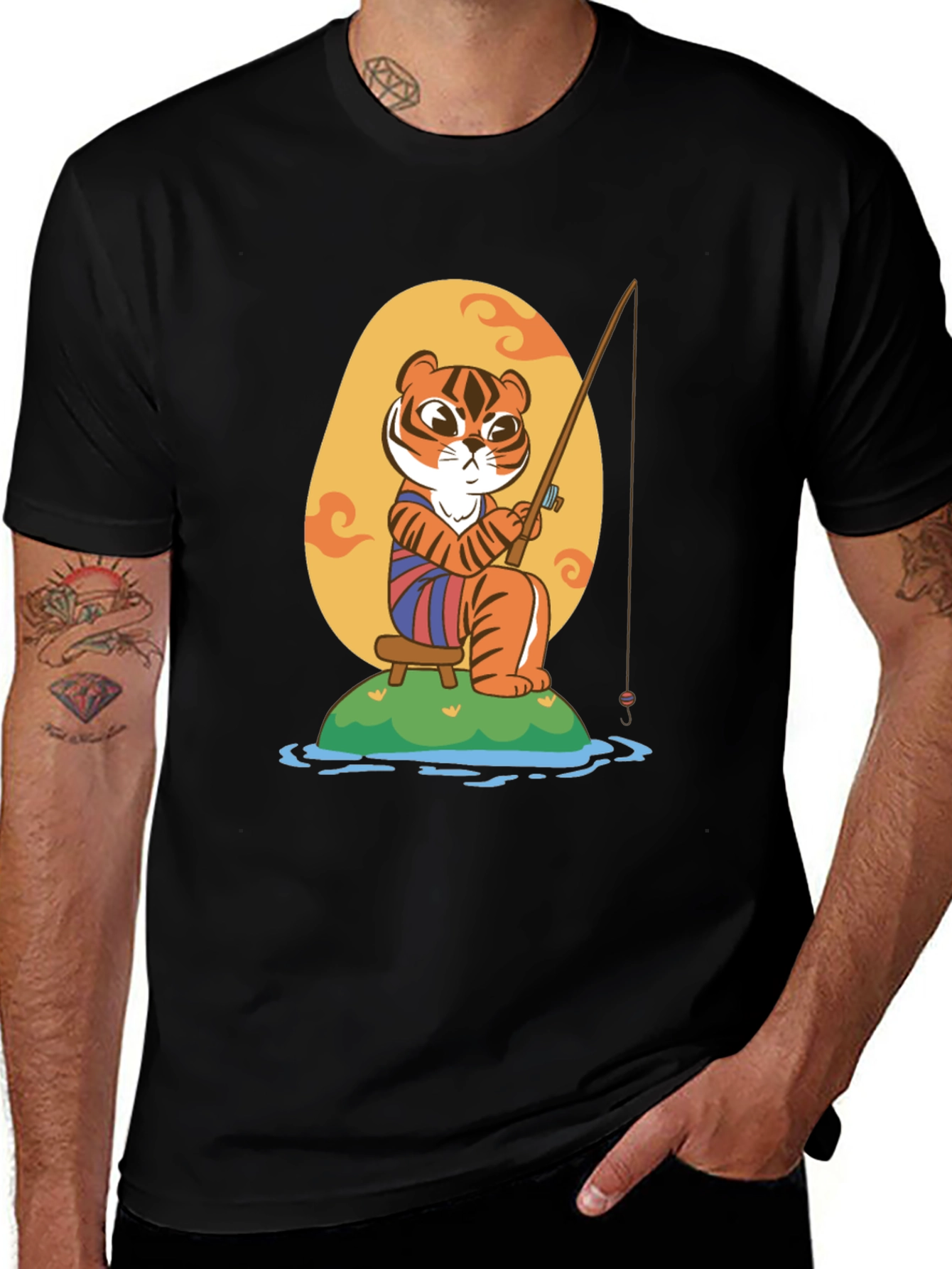 Variant 11 of Fishing Tiger Graphic Tee - Cool Cartoon Design