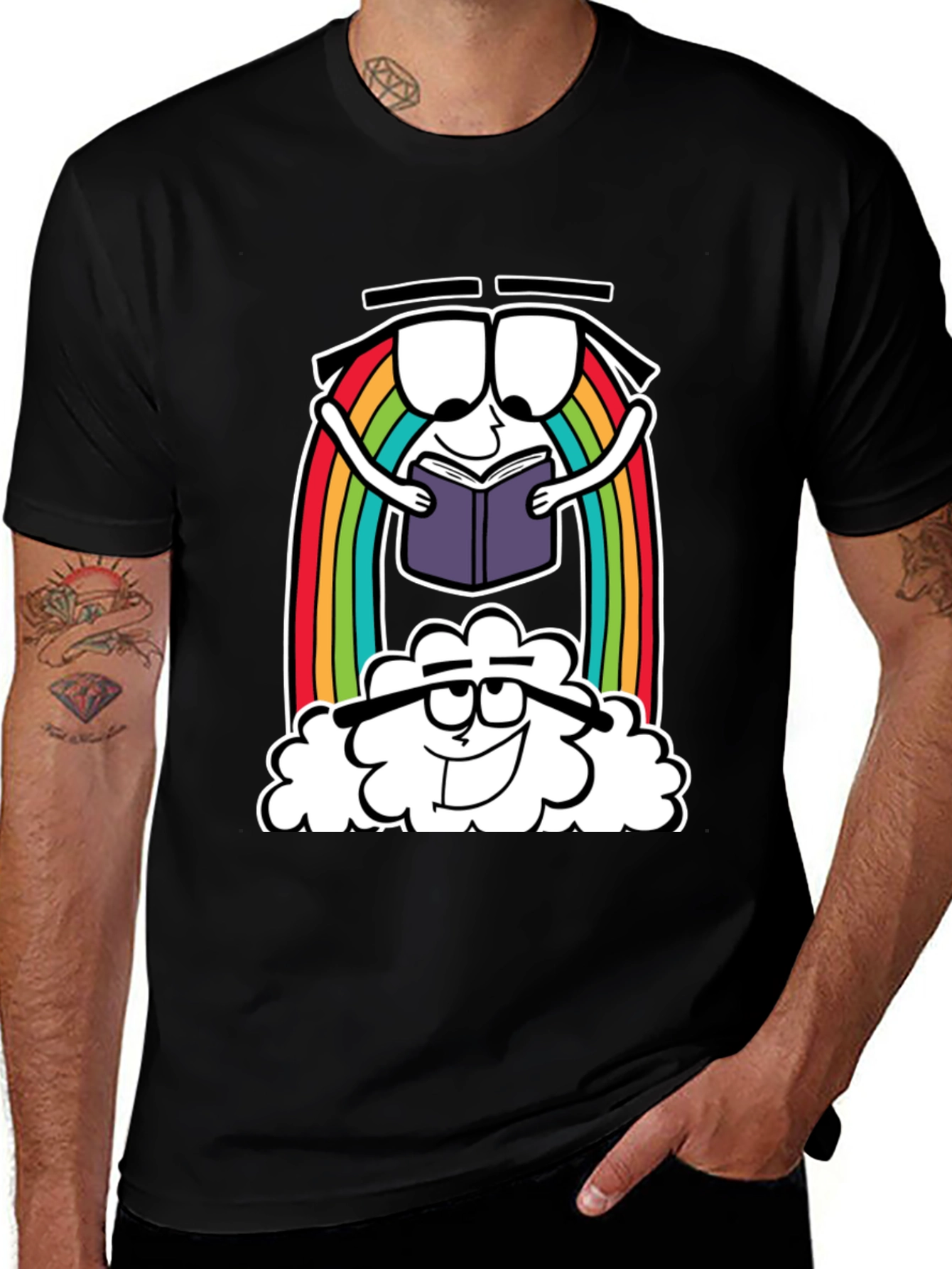 Variant 8 of Cartoon Rainbow Cloud Reading Black T-Shirt