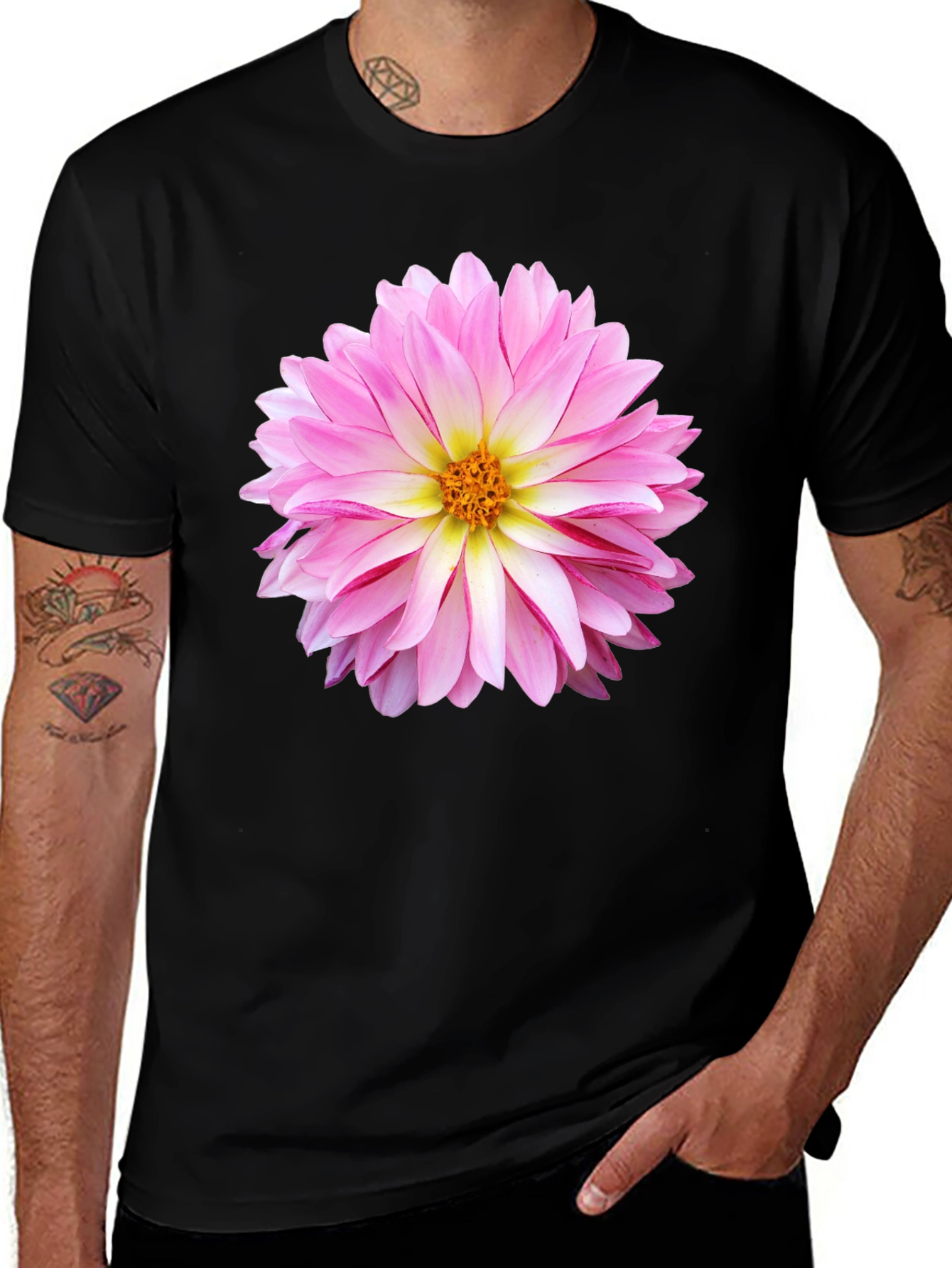 Variant 29 of Pink Dahlia Flower Graphic Black T-Shirt