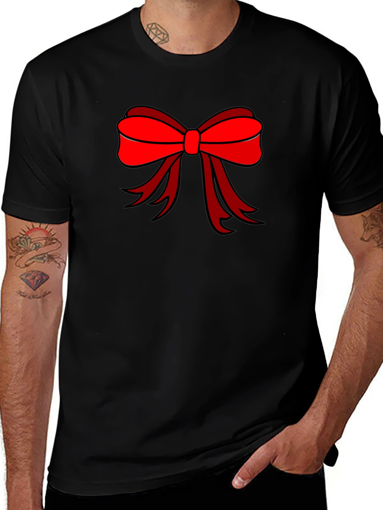 Festive Bow Tie Graphic Tee - Black Cotton Blend