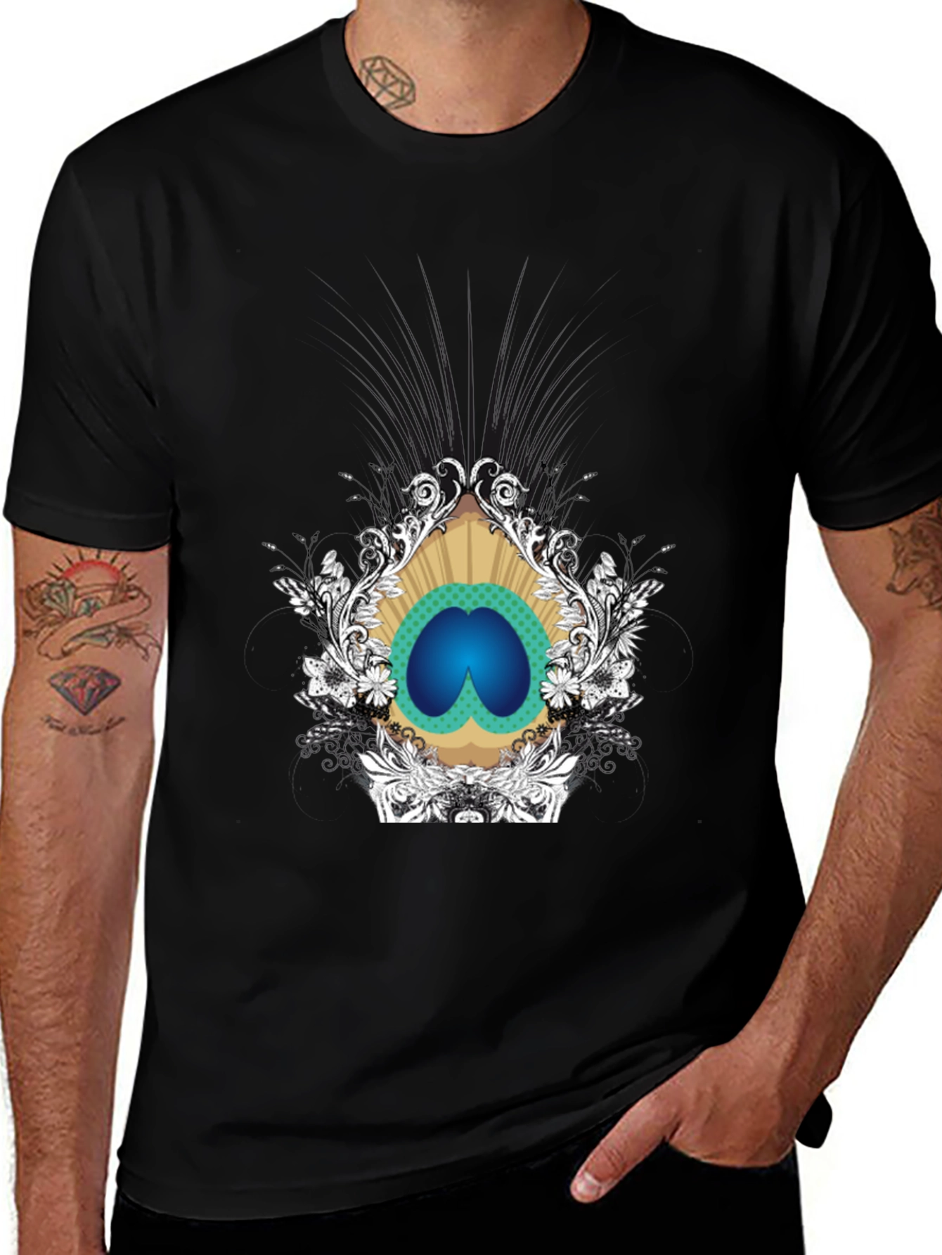 Variant 25 of Stylish Black Tee with Peacock Eye Graphic