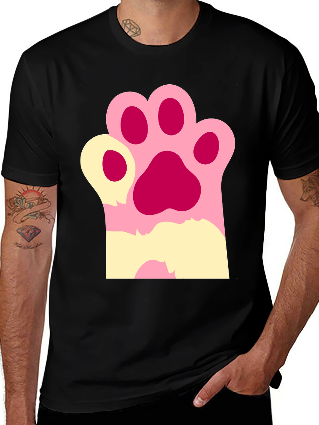 Variant 21 of Cute Cat Paw Print Graphic Tee - Black Cotton T-Shirt