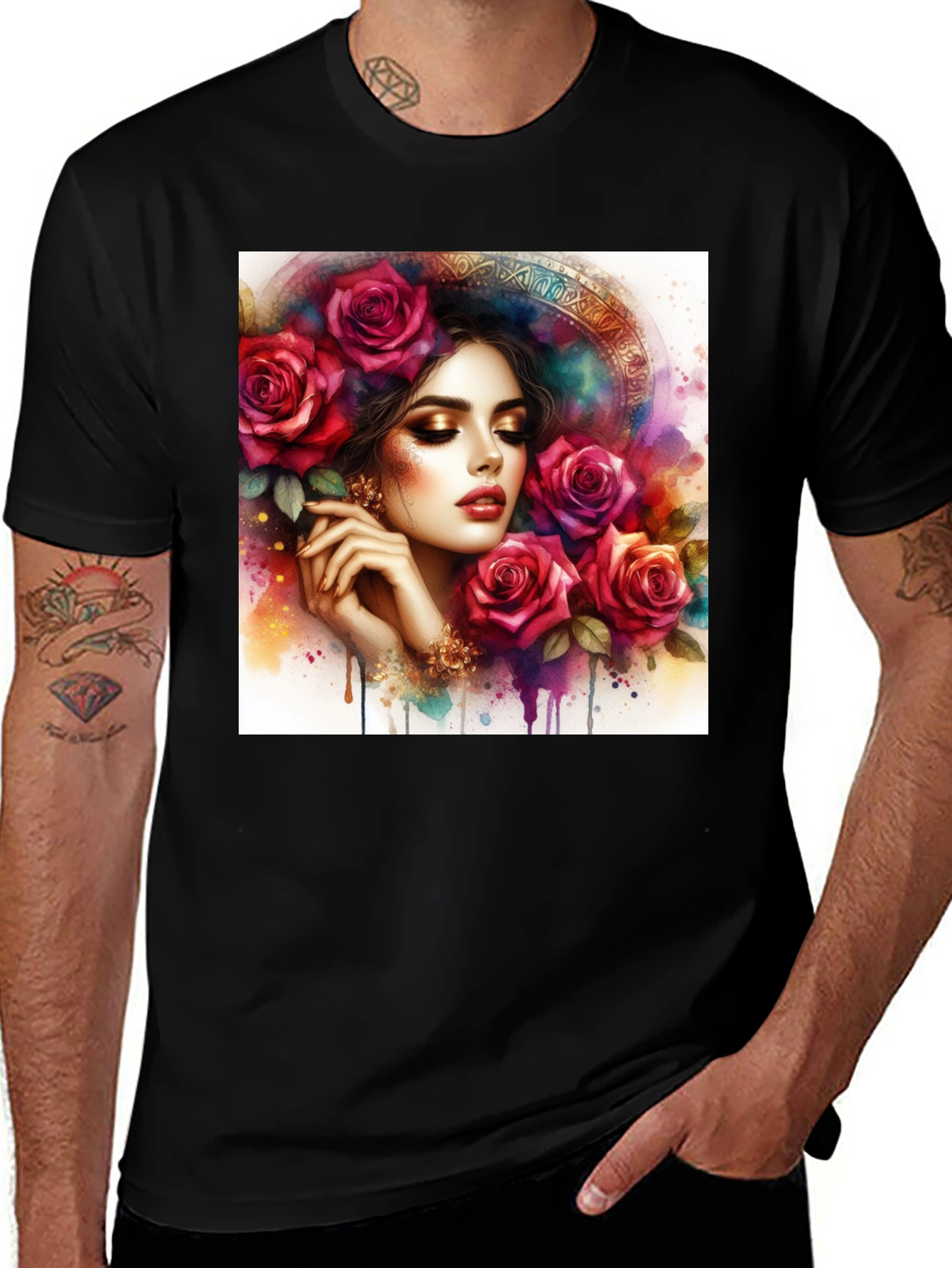Variant 9 of Floral Woman Graphic Tee - Artistic Watercolor Design