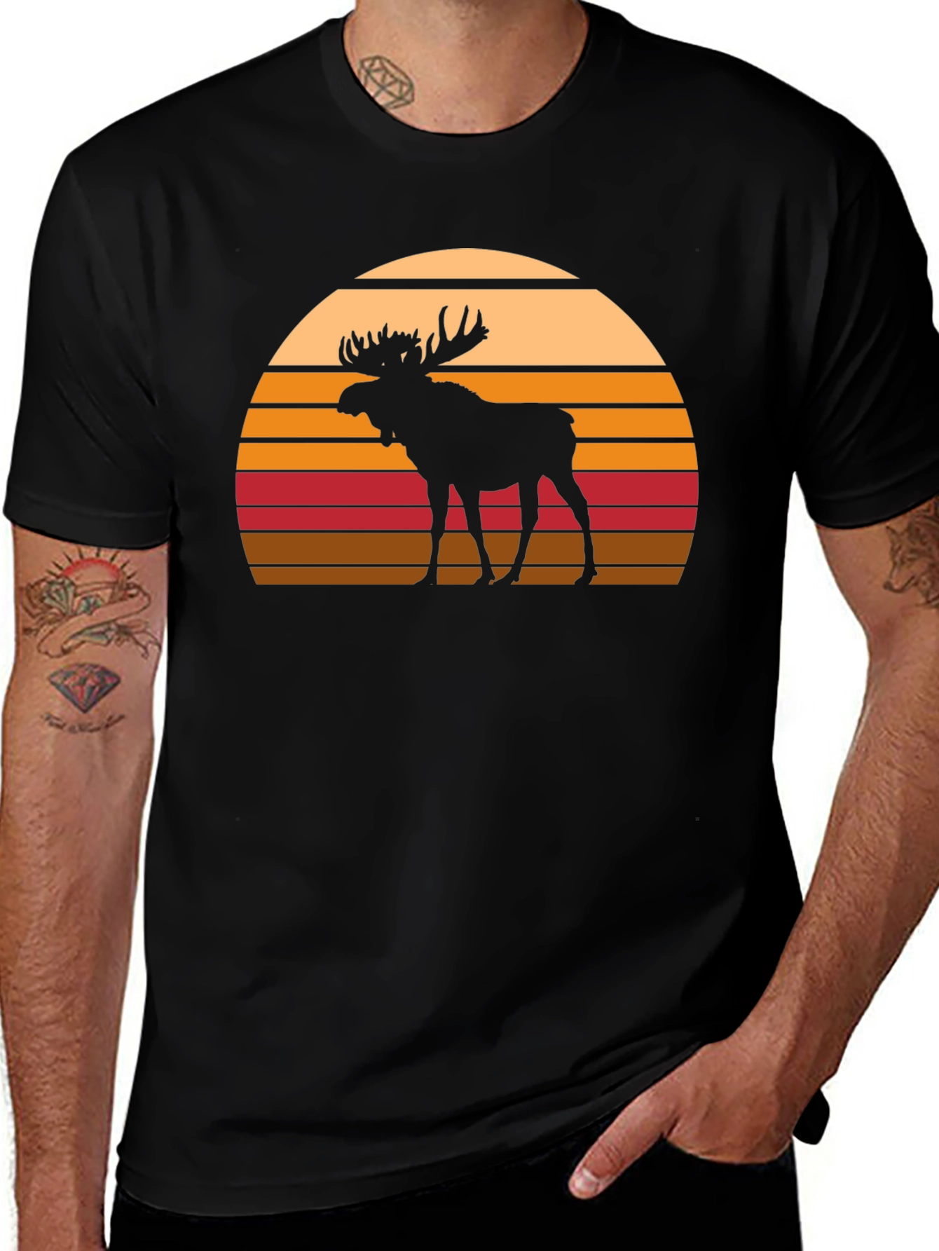 Variant 18 of Retro Moose Sunset Graphic Tee - Black