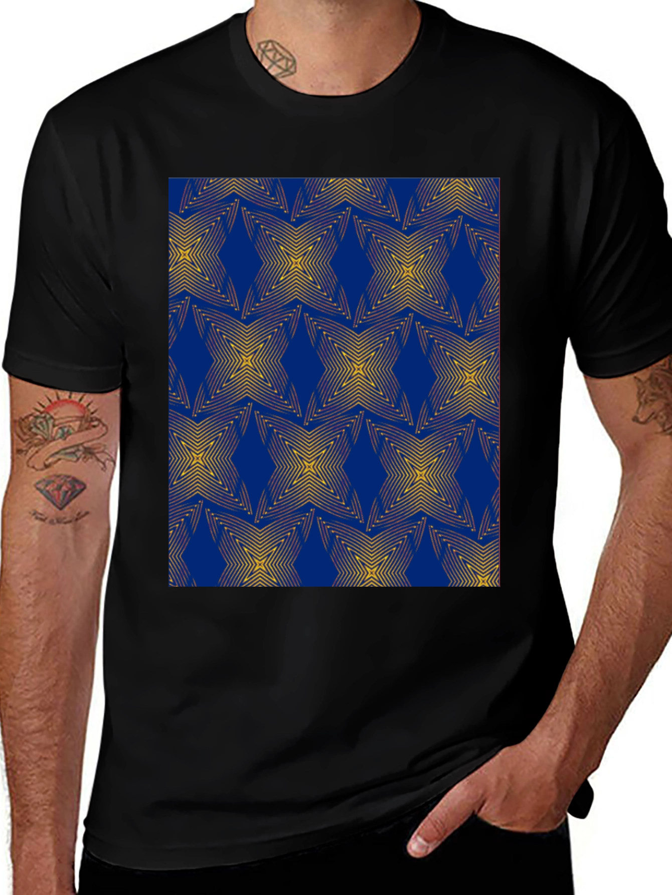 Variant 7 of Geometric Star Pattern T-Shirt - Stylish Blue & Gold Design