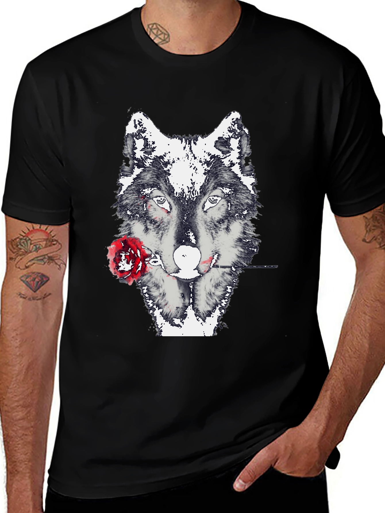 Variant 26 of Wolf and Rose Graphic Tee - Black Casual T-Shirt