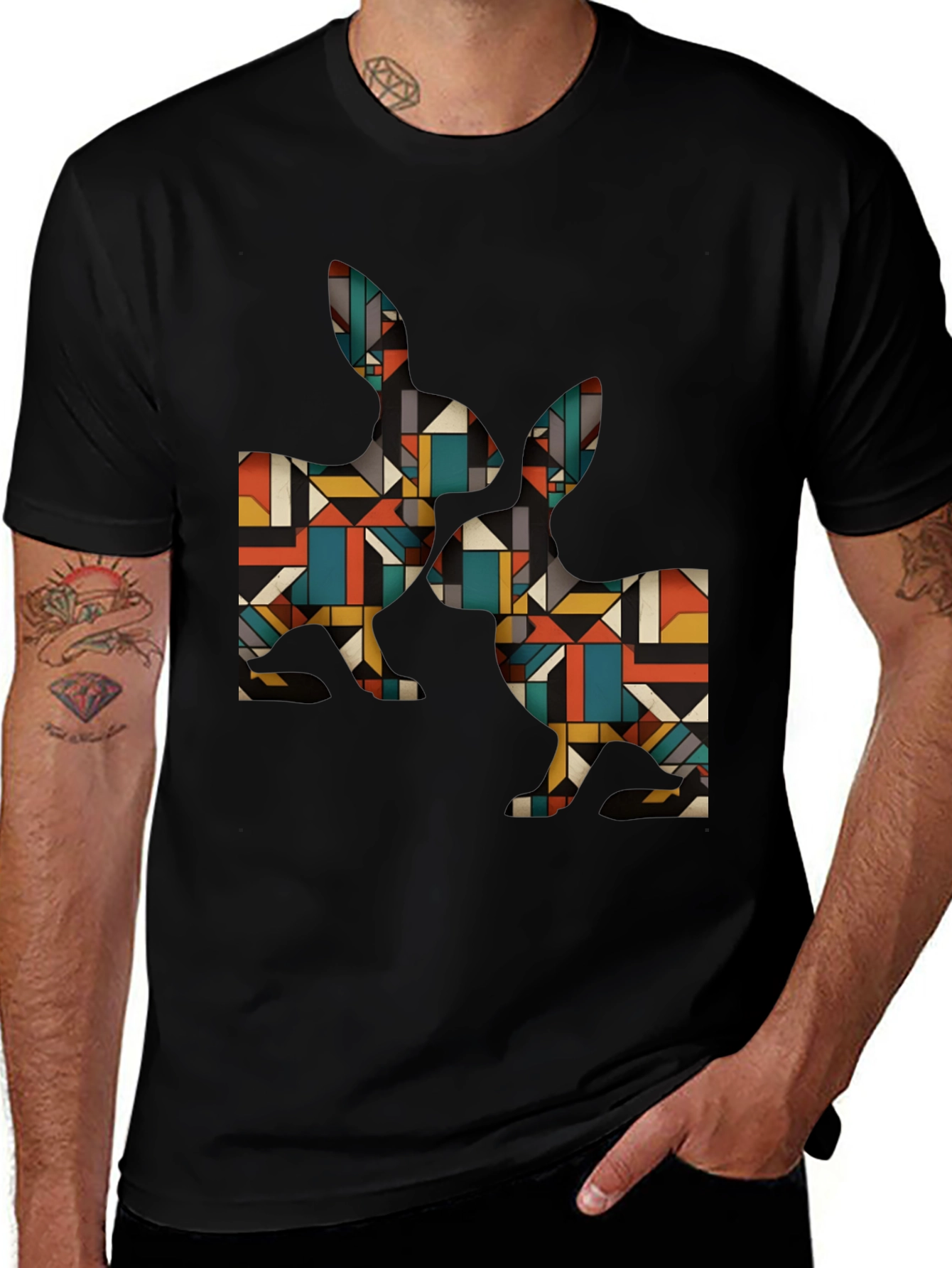 Variant 18 of Geometric Rabbit Print Black T-Shirt