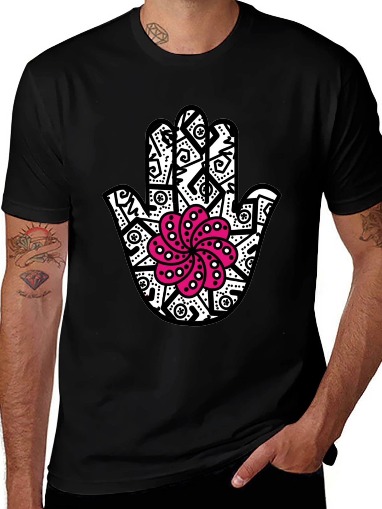 Black Hamsa Hand T-Shirt with Pink Lotus Design