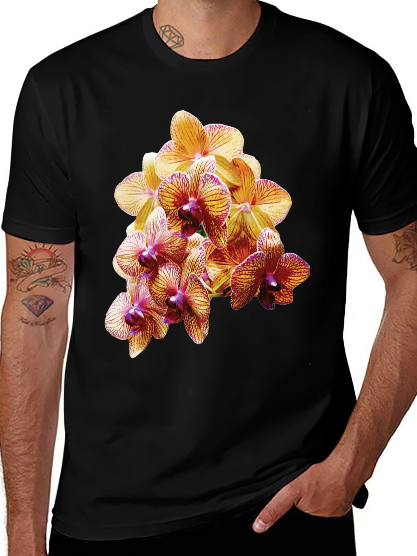 Variant 16 of Orchid Flower Print Black T-Shirt