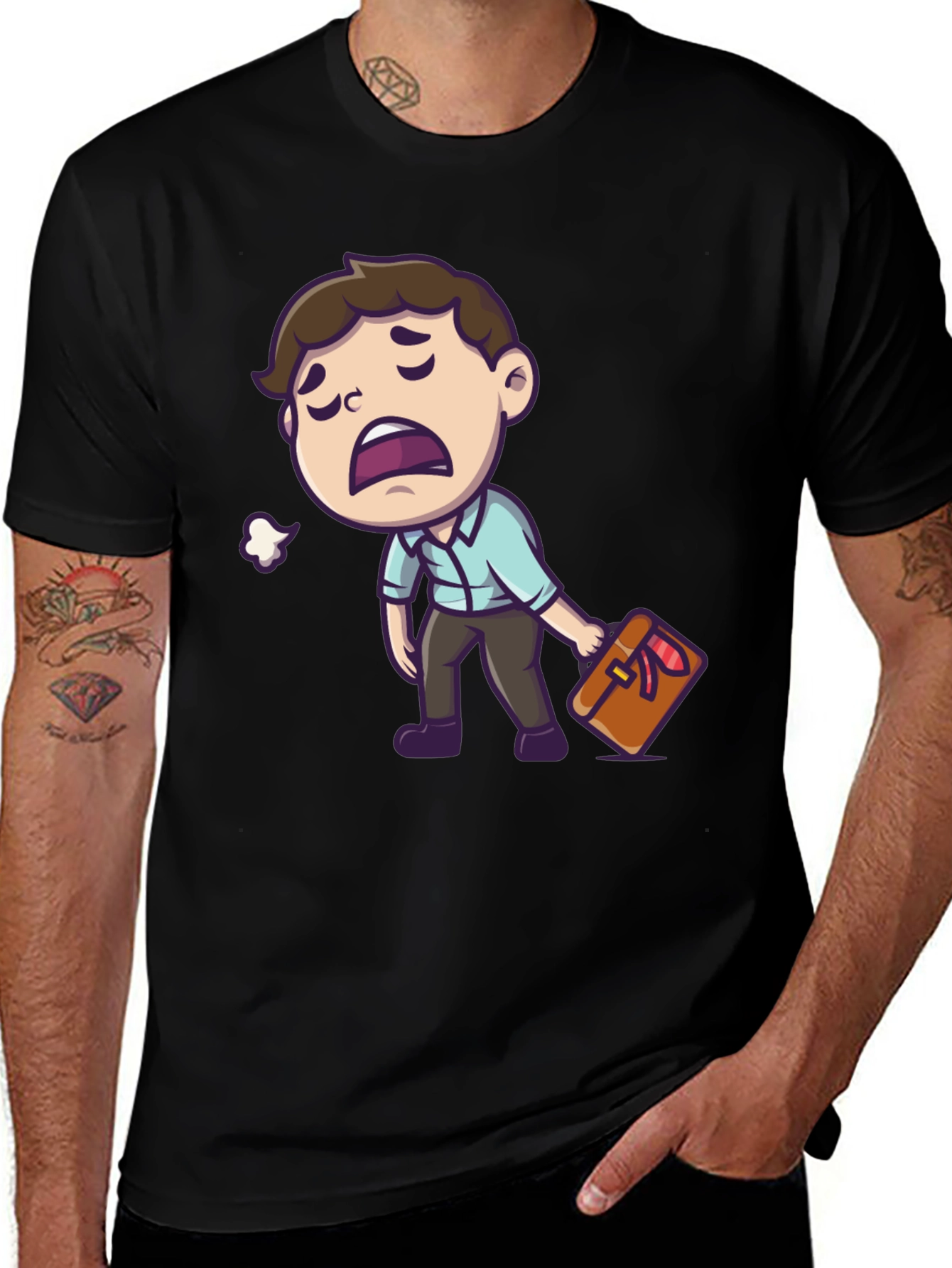 Variant 3 of Tired Cartoon Man Graphic Tee - Black Casual Shirt