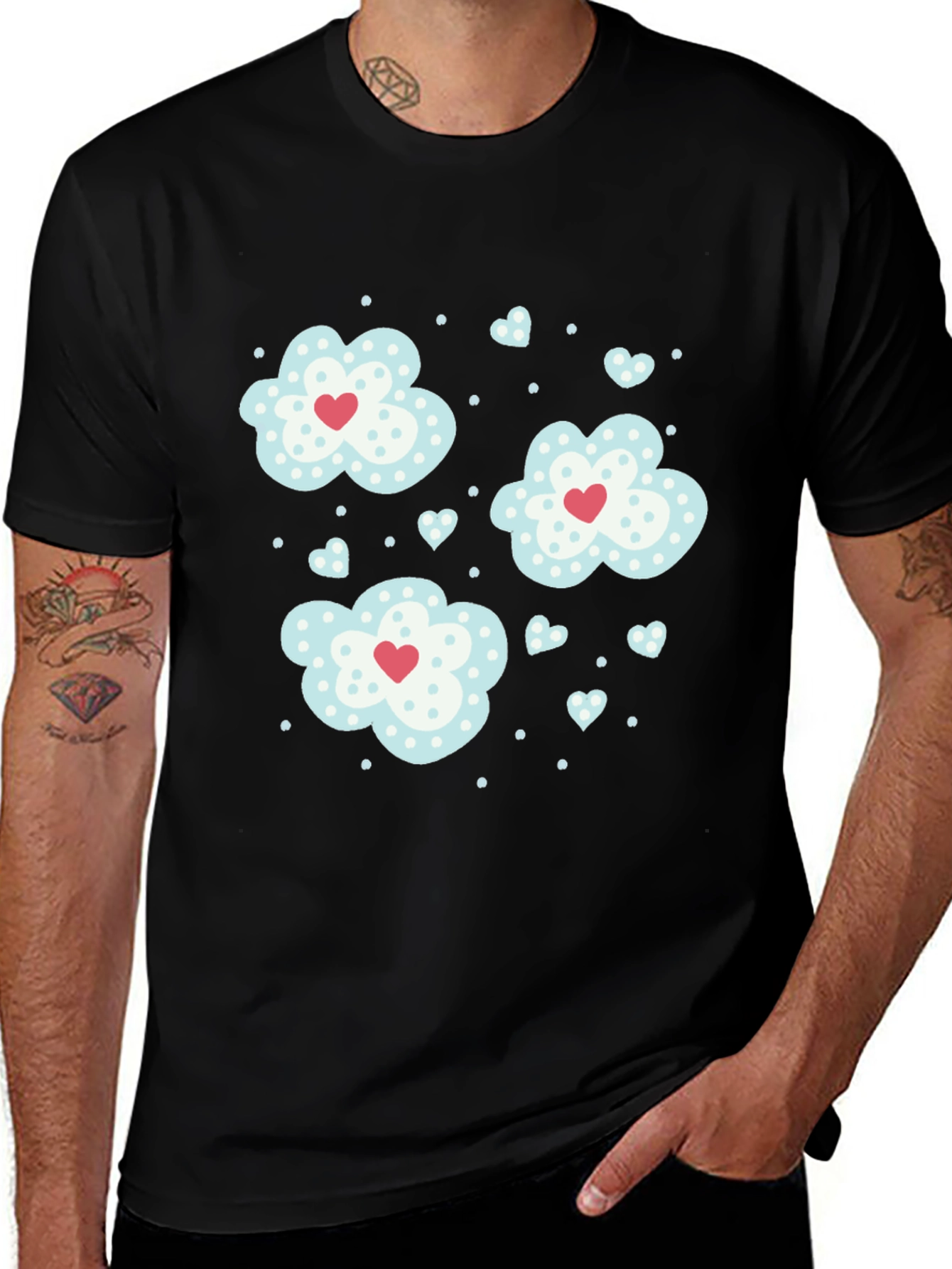 Black Cute Clouds & Hearts Graphic Tee - Black Casual T-Shirt main image