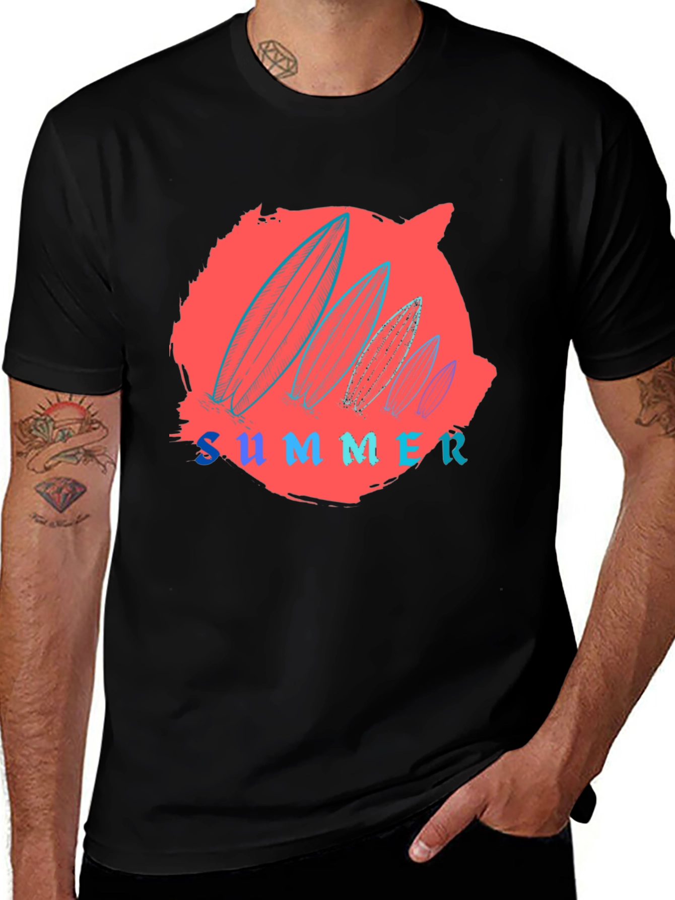Variant 6 of Summer Surfboard Graphic Tee - Black Cotton T-Shirt