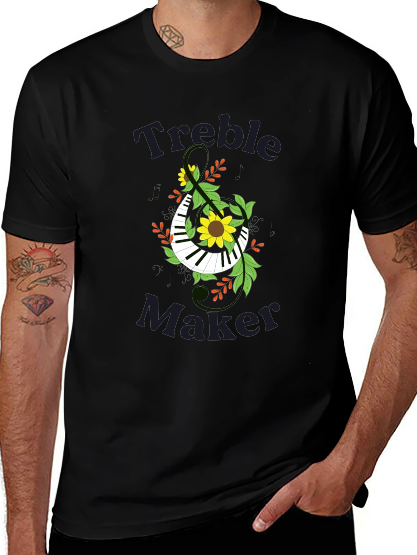Treble Maker Piano Keyboard and Floral Design T-Shirt