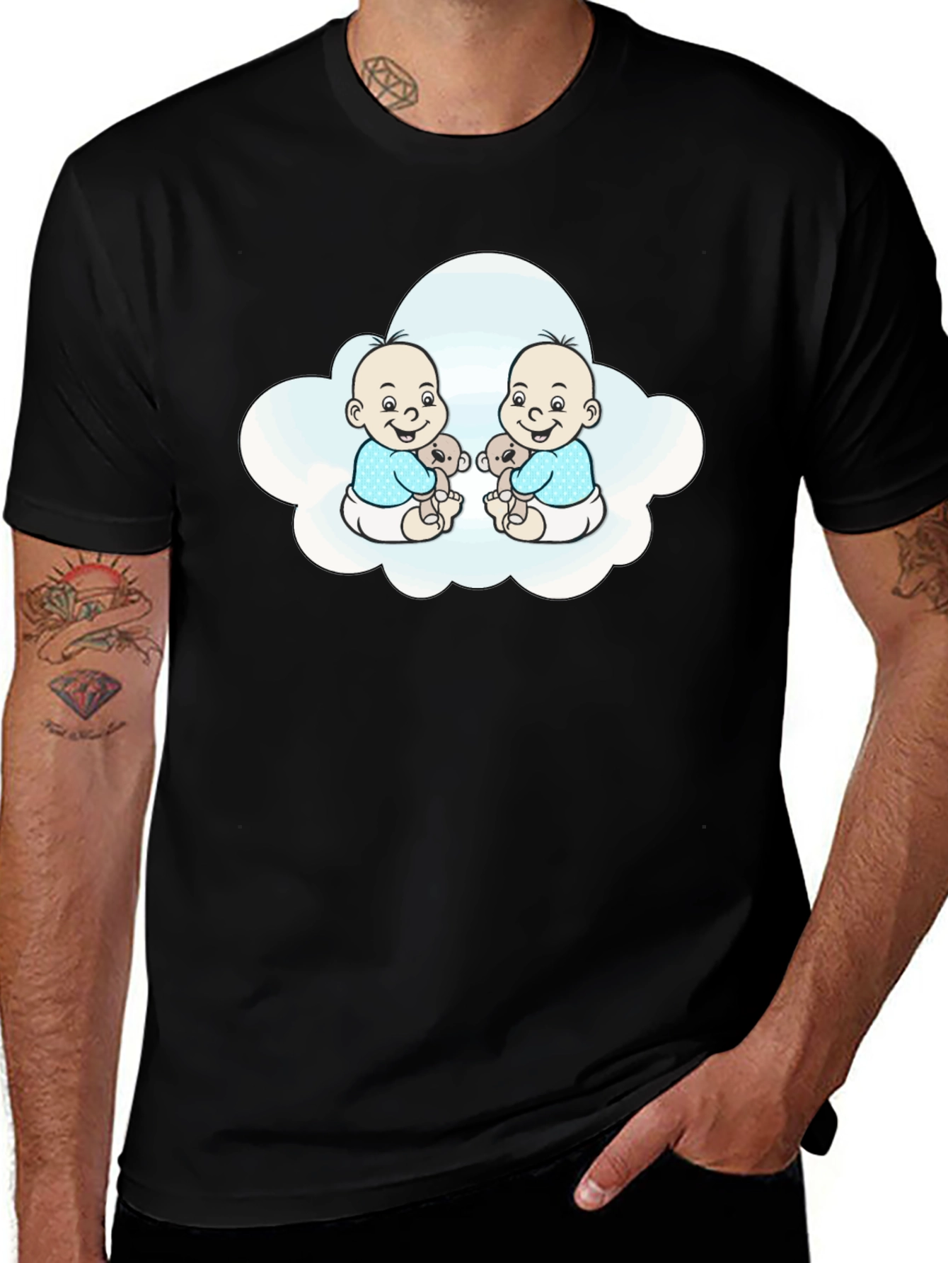 Cute Twin Babies in Cloud Black T-Shirt
