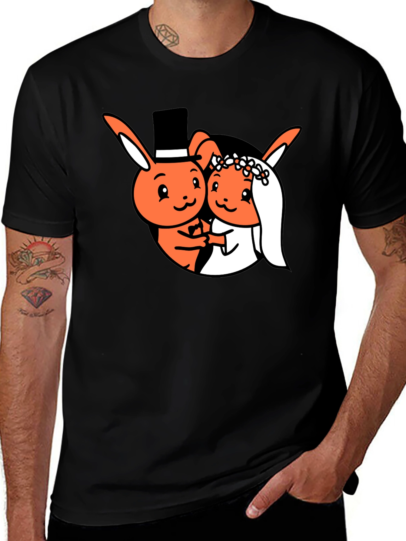 Variant 12 of Cartoon Bunny Wedding Black T-Shirt