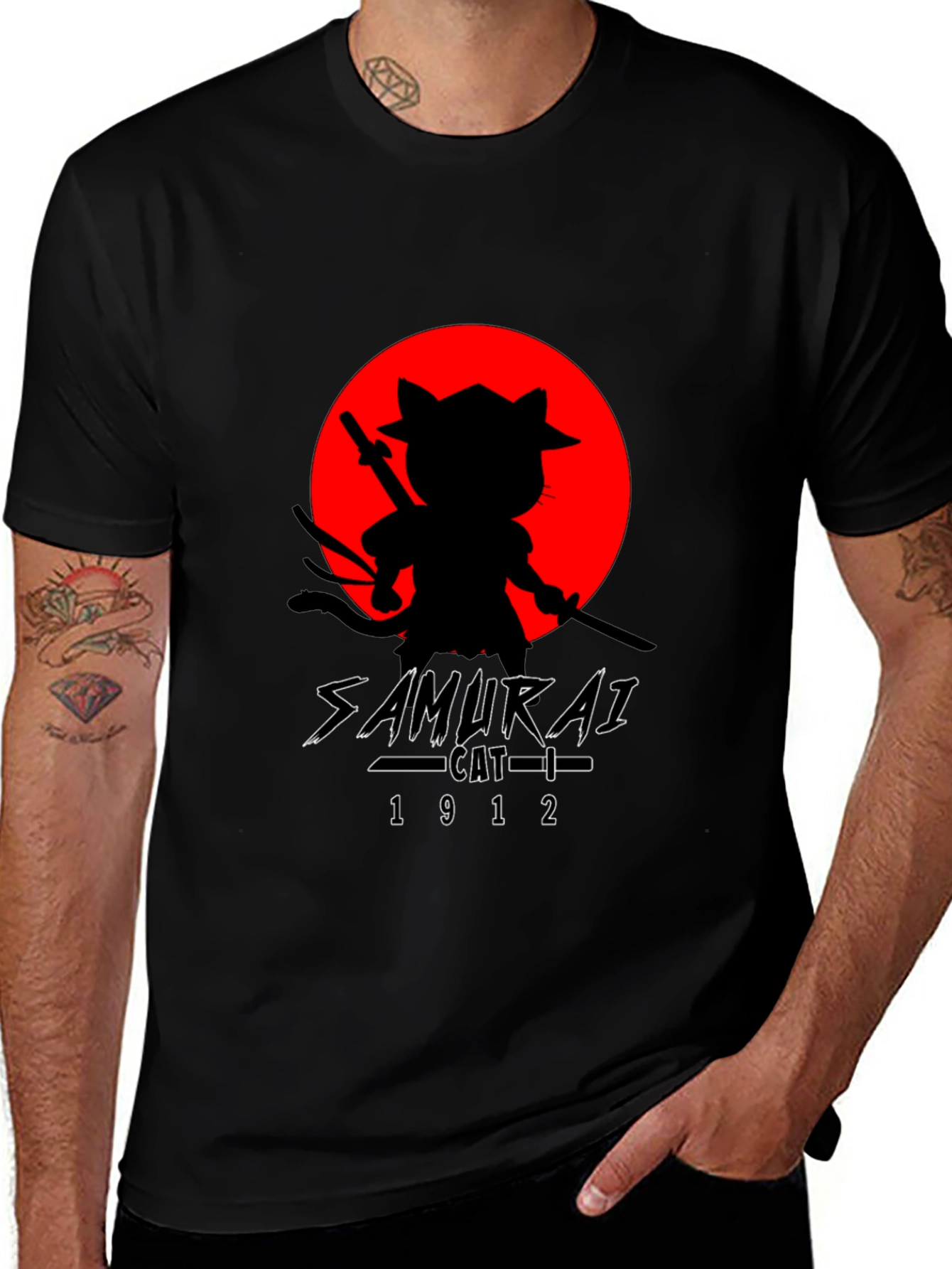 Samurai Cat T-Shirt - Black Graphic Tee