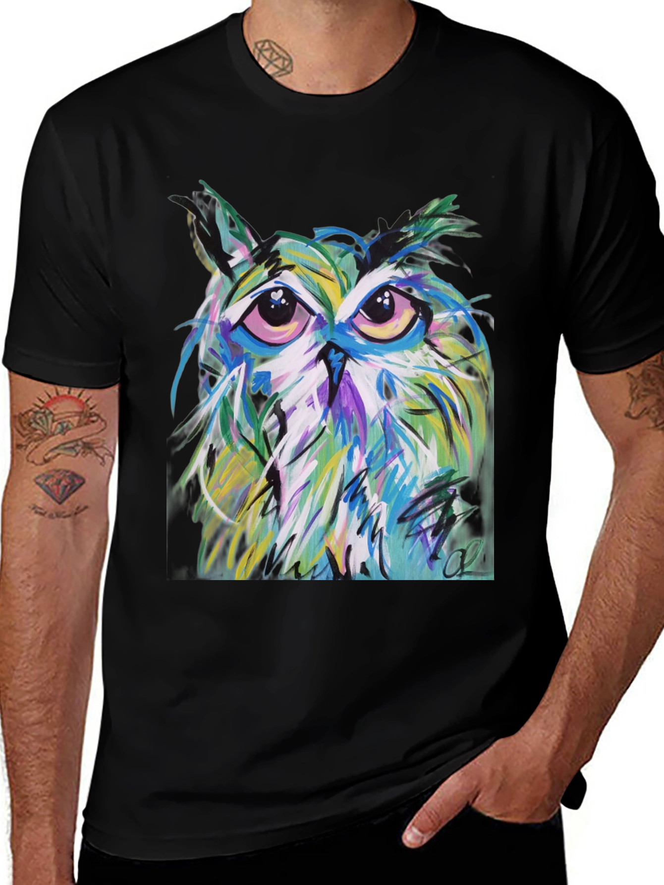 Variant 14 of Abstract Owl Graphic Tee - Men's Black T-Shirt