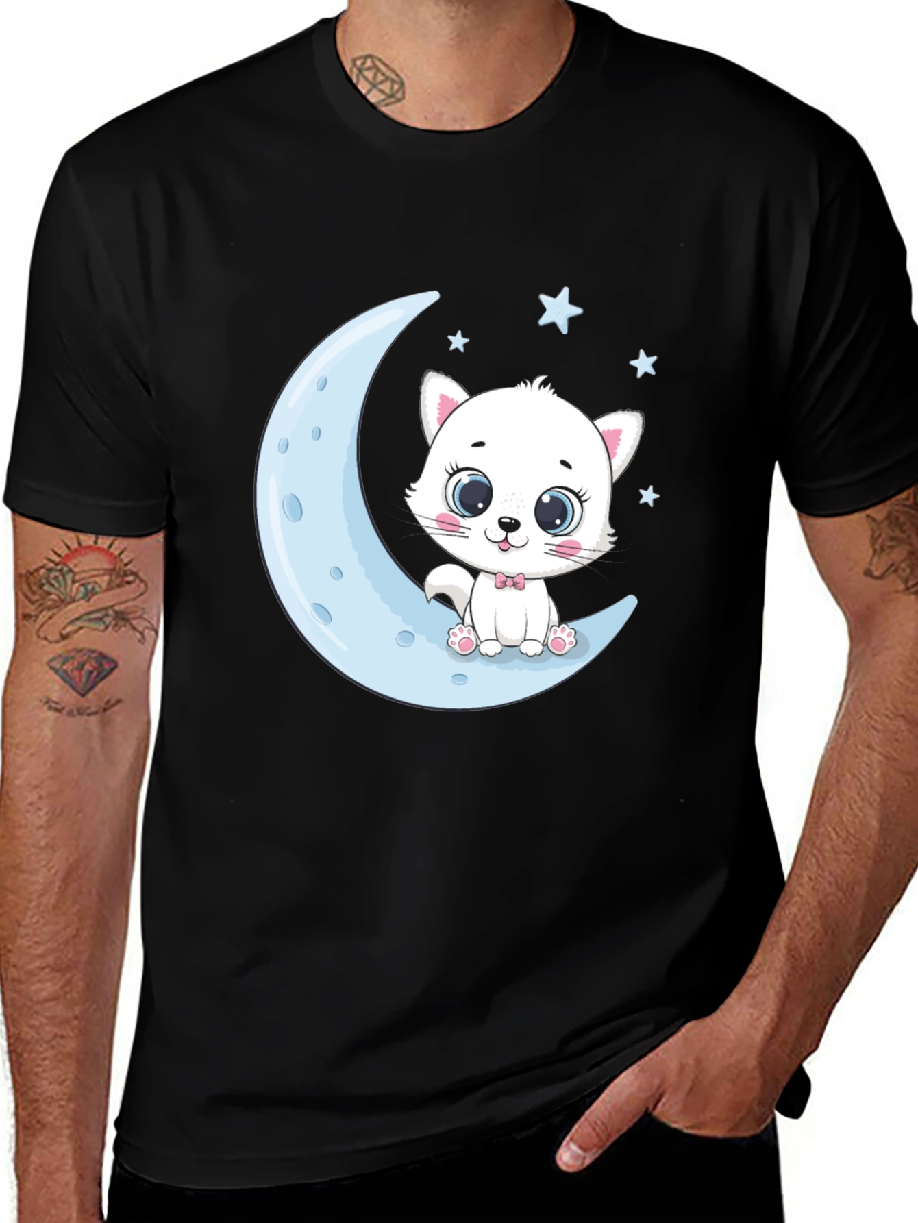Variant 2 of Cute Kitten on Moon Graphic Tee - Black